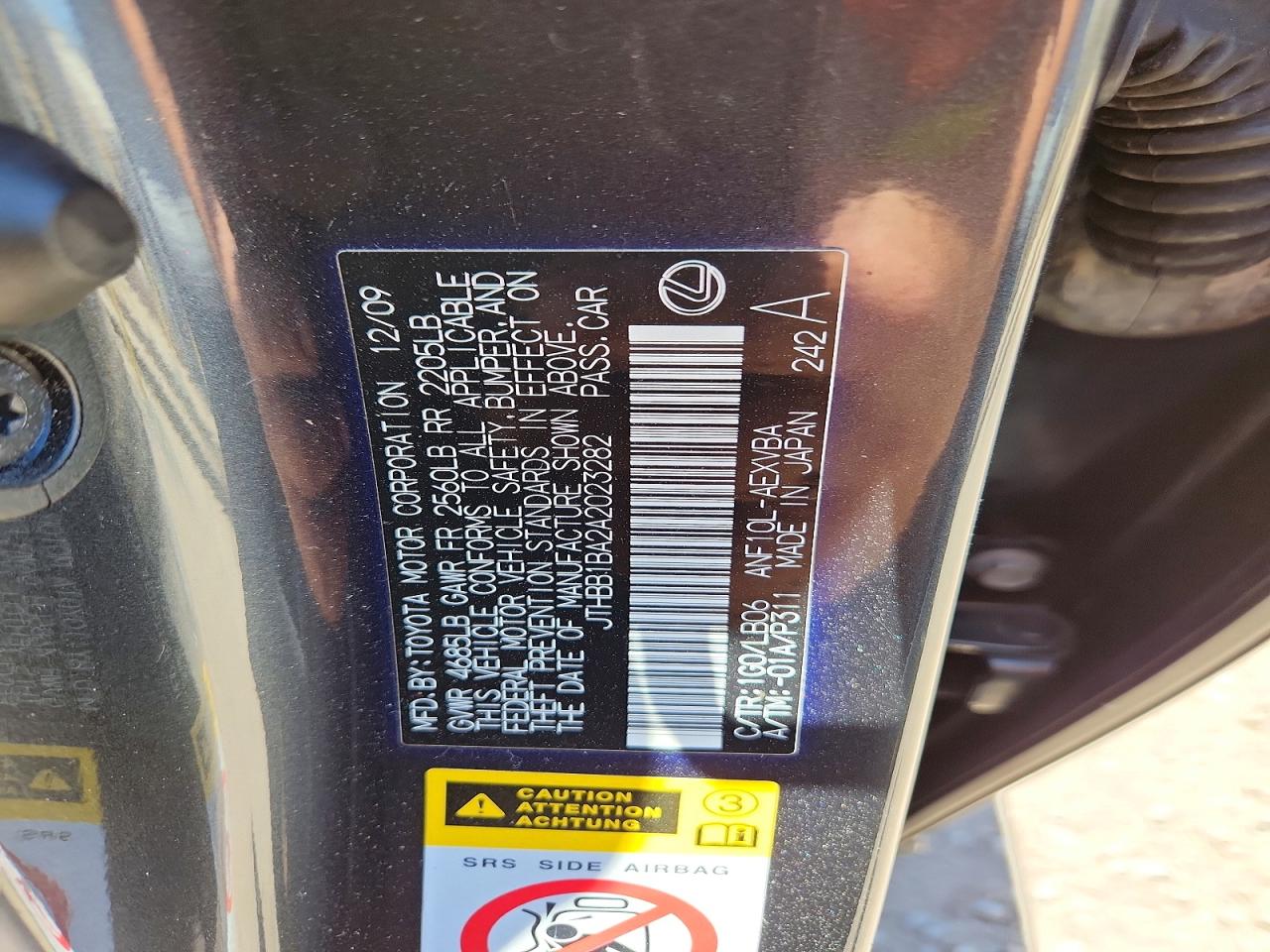 2010 Lexus Hs 250h Black vin: JTHBB1BA2A2023282