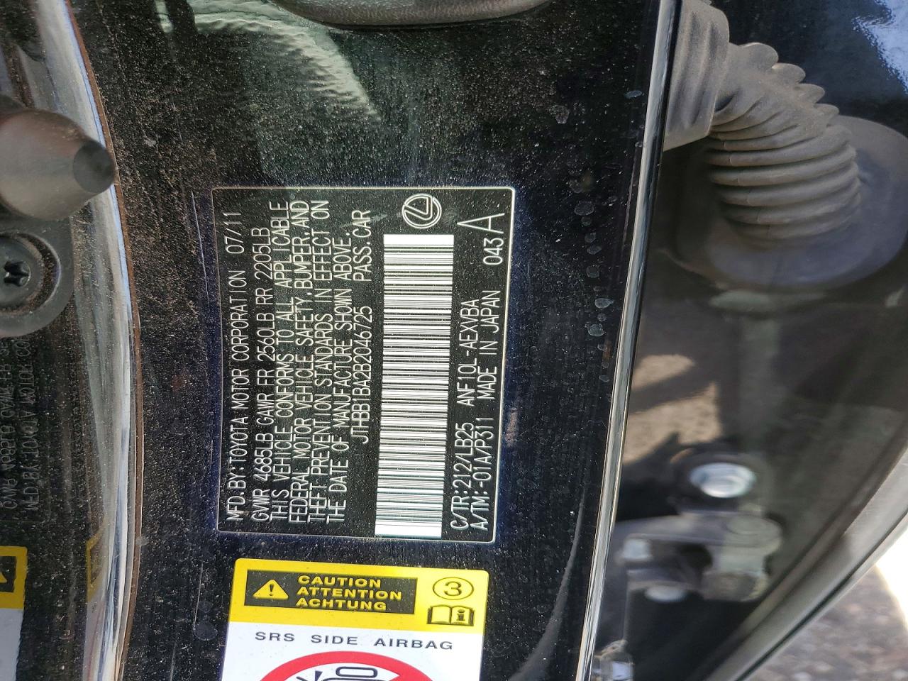 2011 Lexus Hs 250h Black vin: JTHBB1BA2B2046725