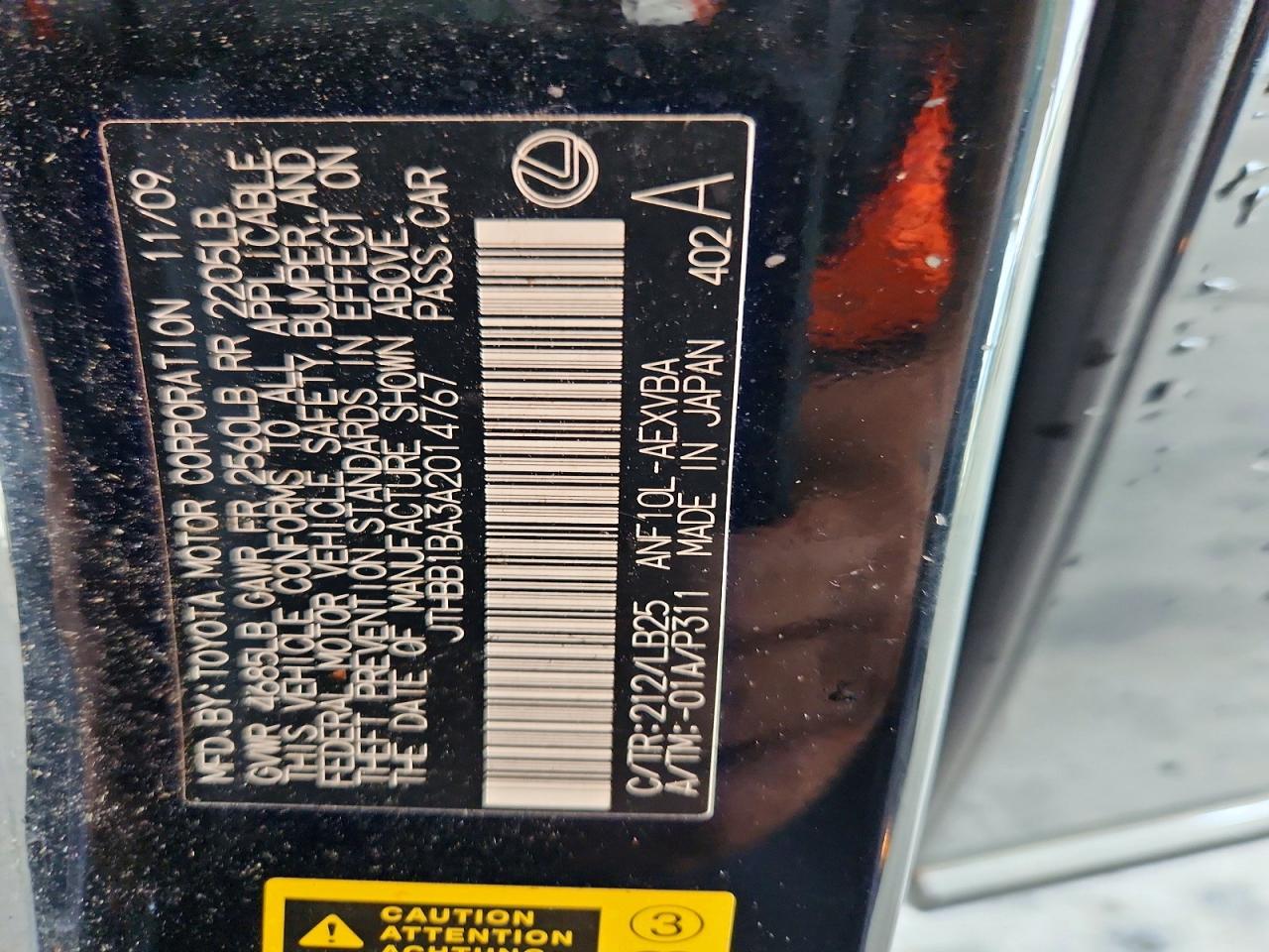 2010 Lexus Hs 250h Black vin: JTHBB1BA3A2014767