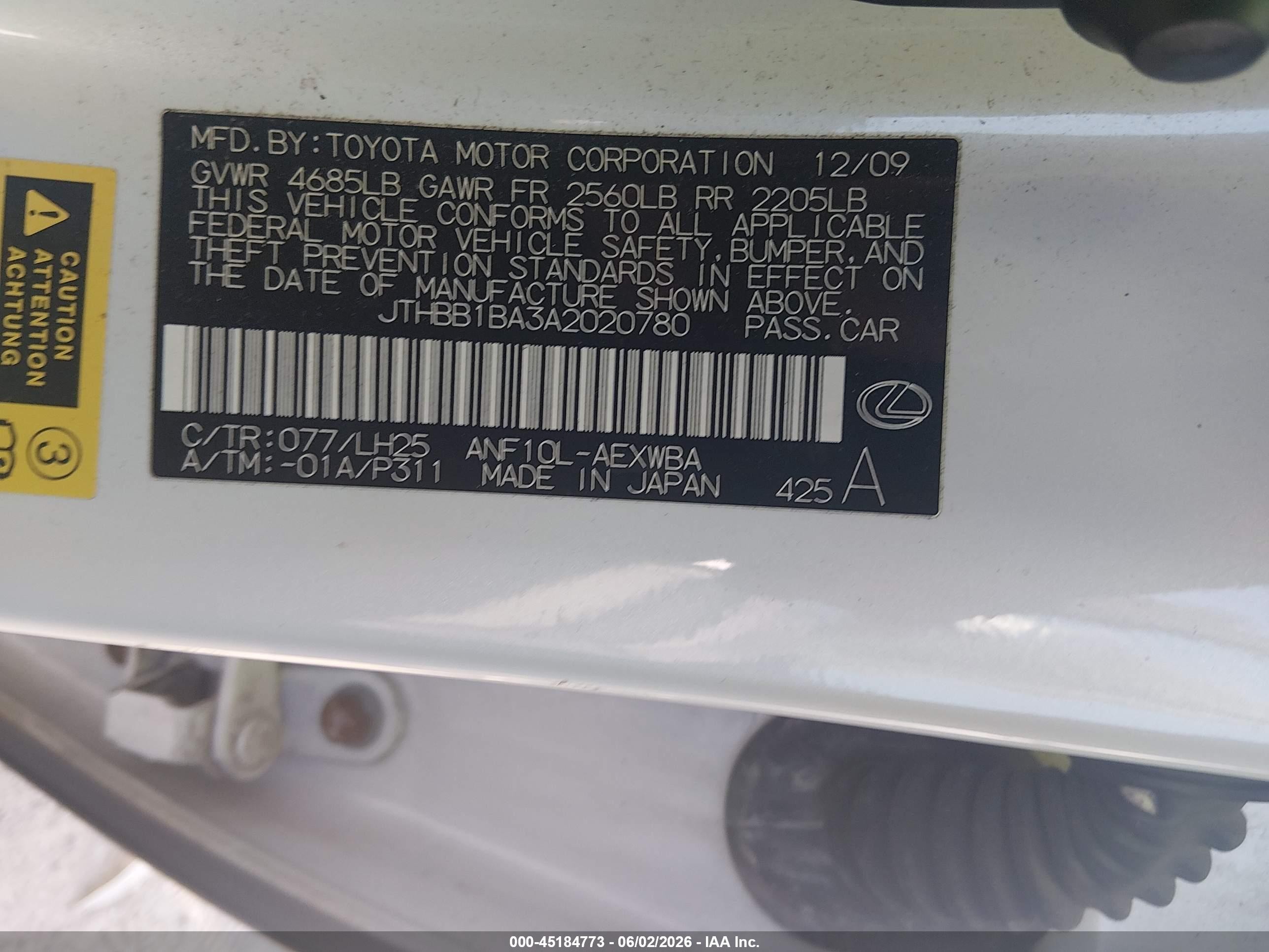 2010 Lexus Hs 250h Premium White vin: JTHBB1BA3A2020780