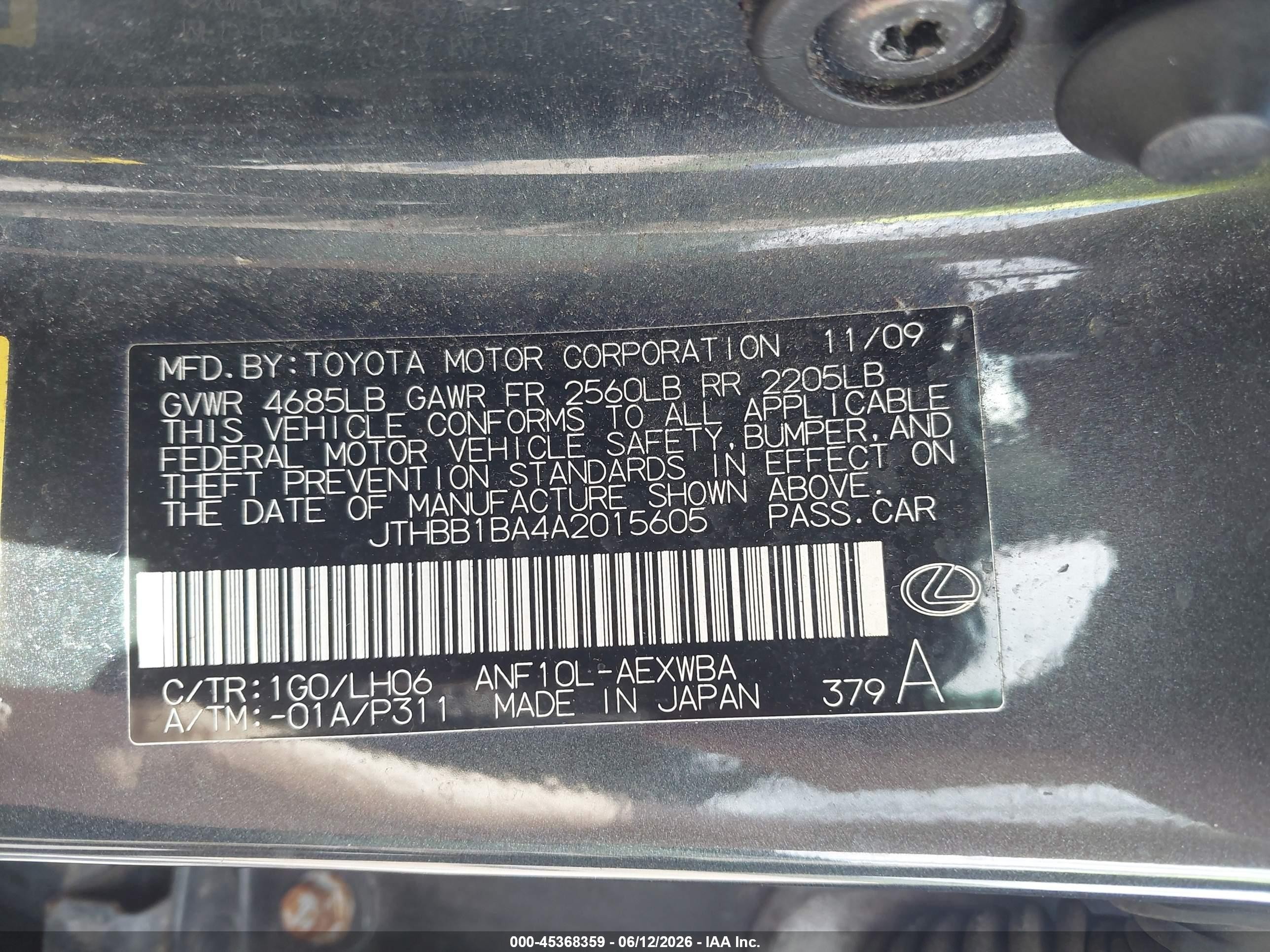 2010 Lexus Hs 250h Premium Black vin: JTHBB1BA4A2015605