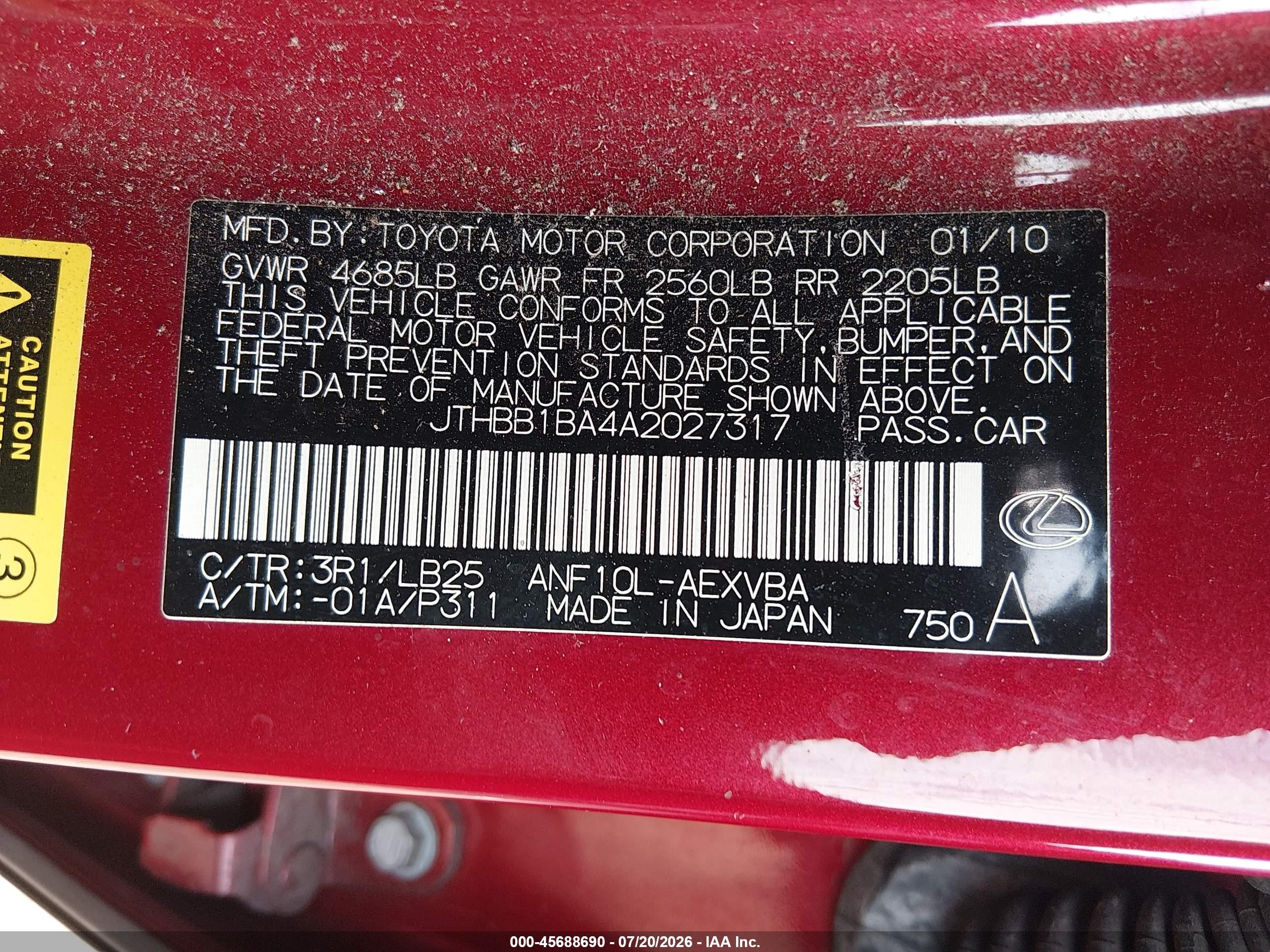 2010 Lexus Hs 250h   Red vin: JTHBB1BA4A2027317