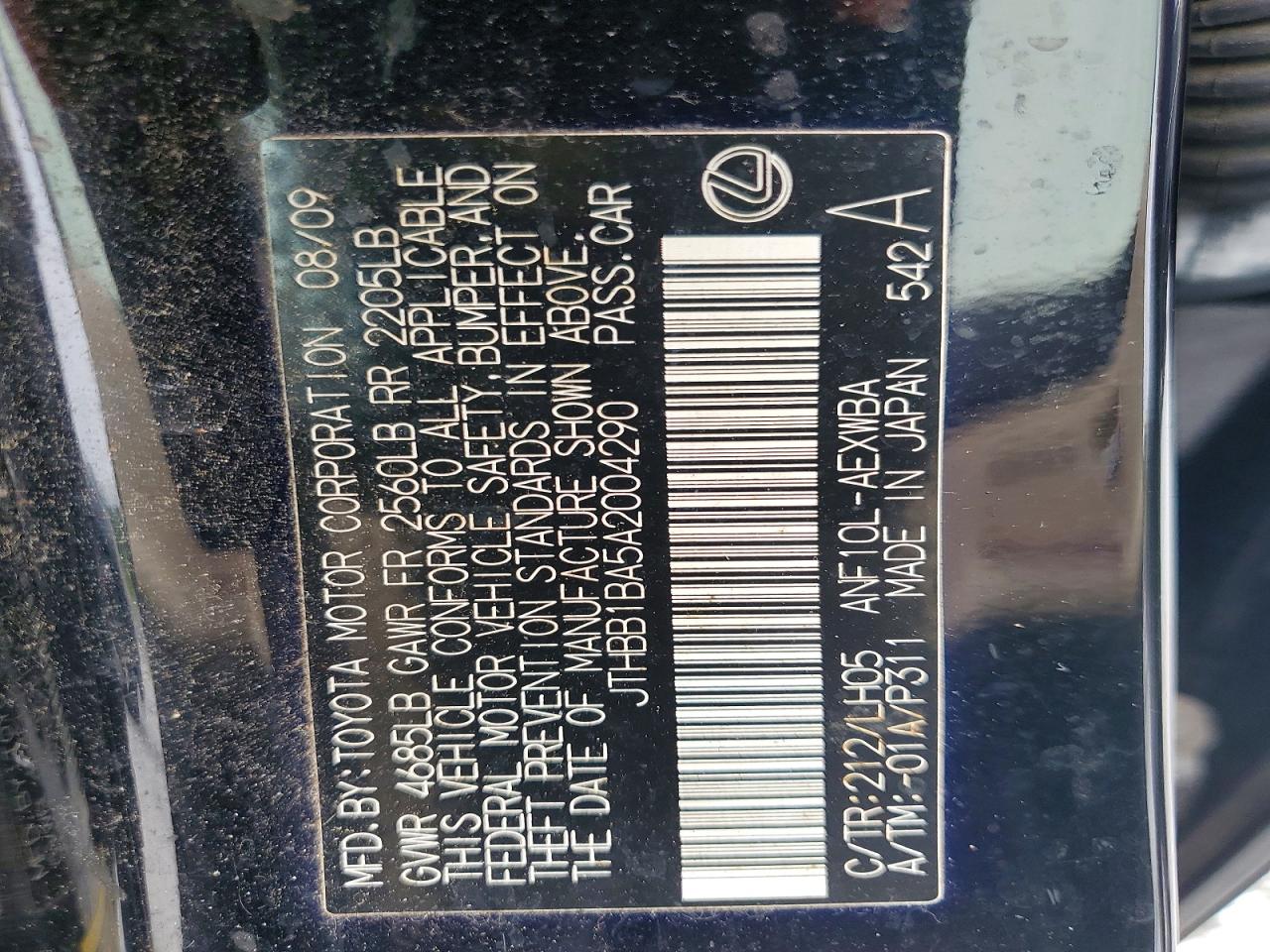 2010 Lexus Hs 250h Black vin: JTHBB1BA5A2004290