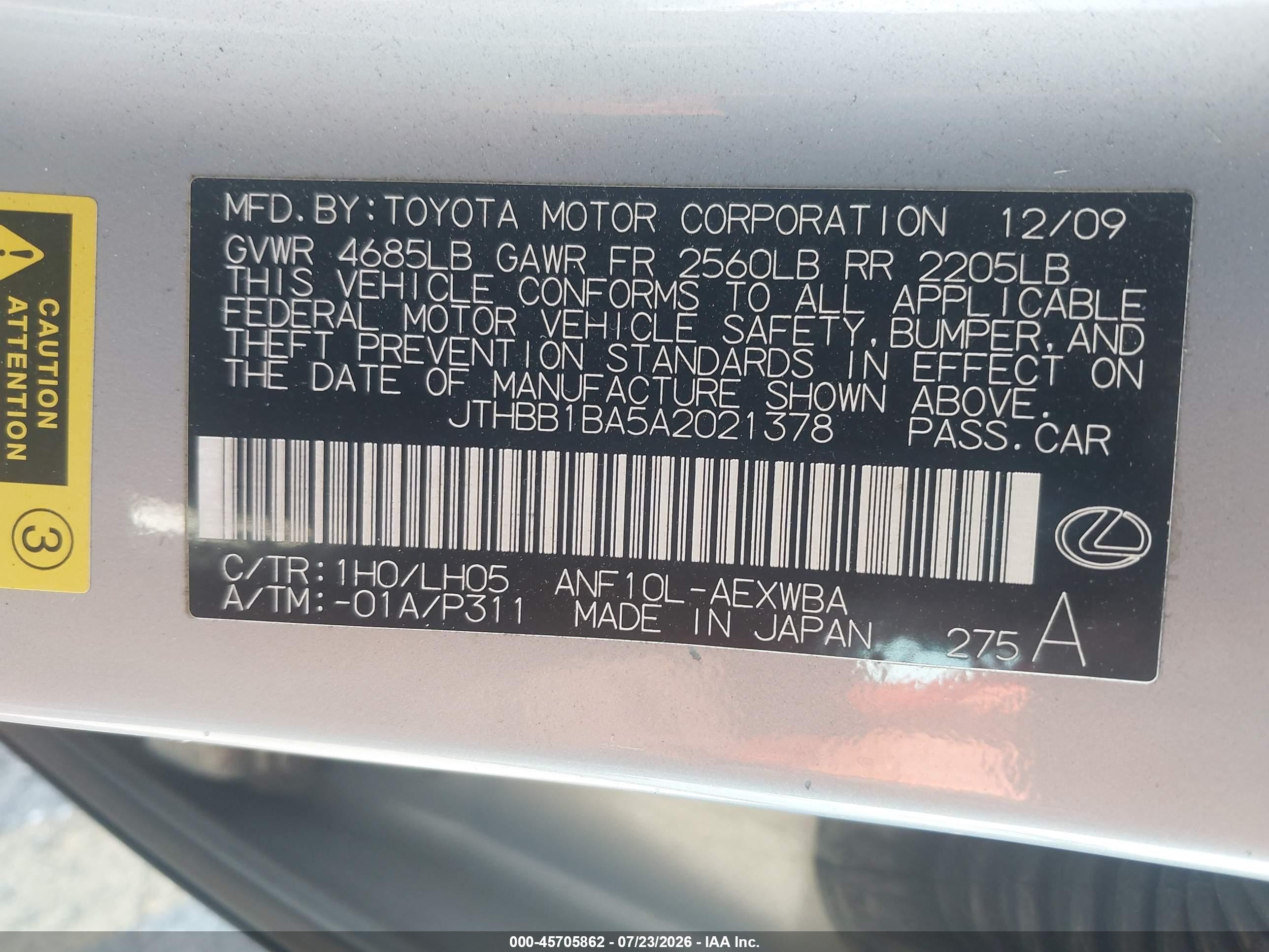 2010 Lexus Hs 250h Premium Silver vin: JTHBB1BA5A2021378