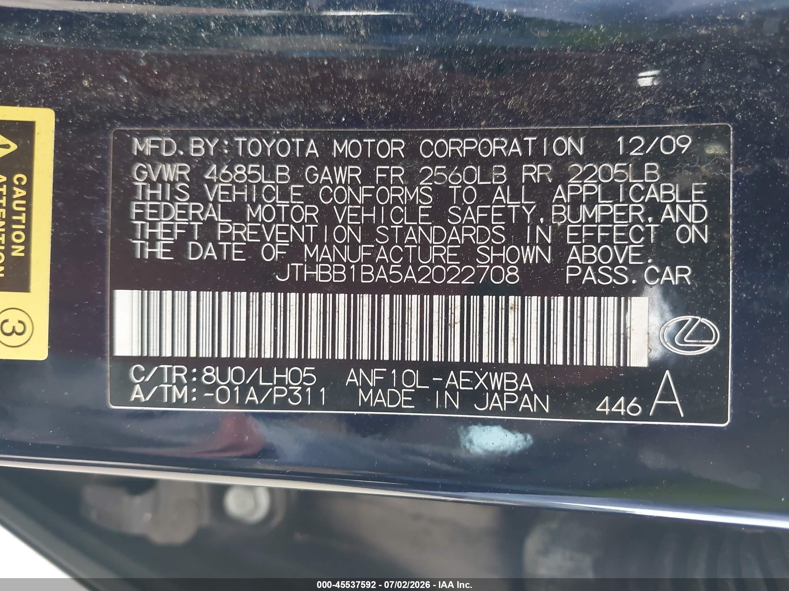 2010 Lexus Hs 250h Premium Blue vin: JTHBB1BA5A2022708