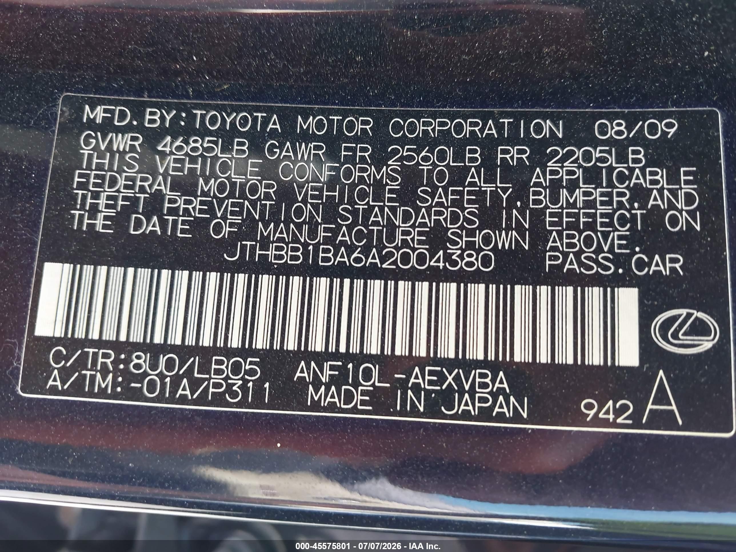 2010 Lexus Hs 250h   Blue vin: JTHBB1BA6A2004380