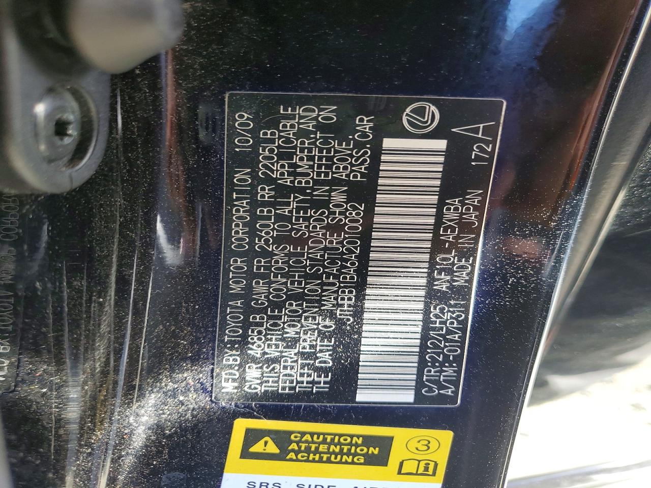 2010 Lexus Hs 250h Black vin: JTHBB1BA6A2010082