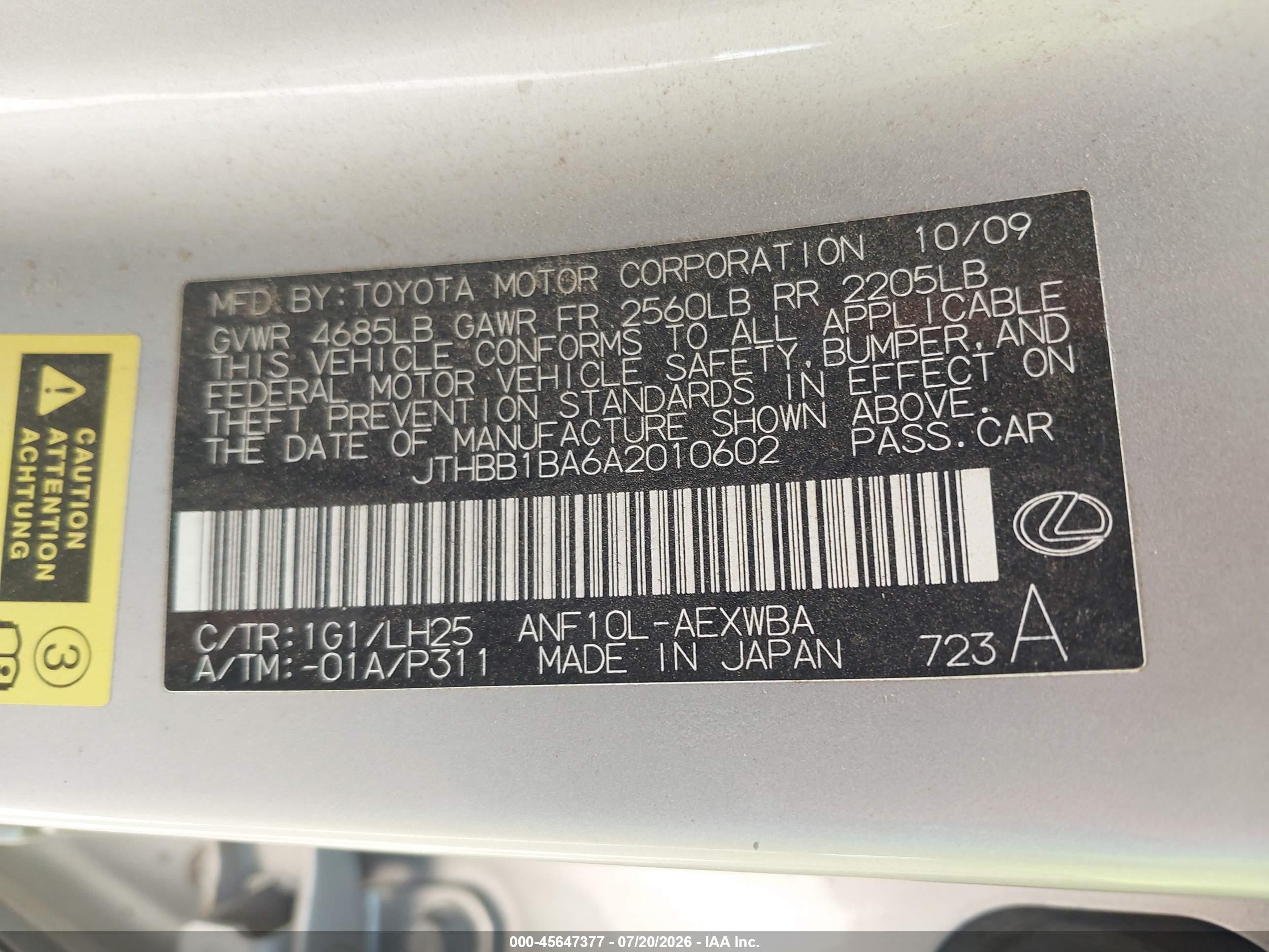 2010 Lexus Hs 250h Premium Silver vin: JTHBB1BA6A2010602