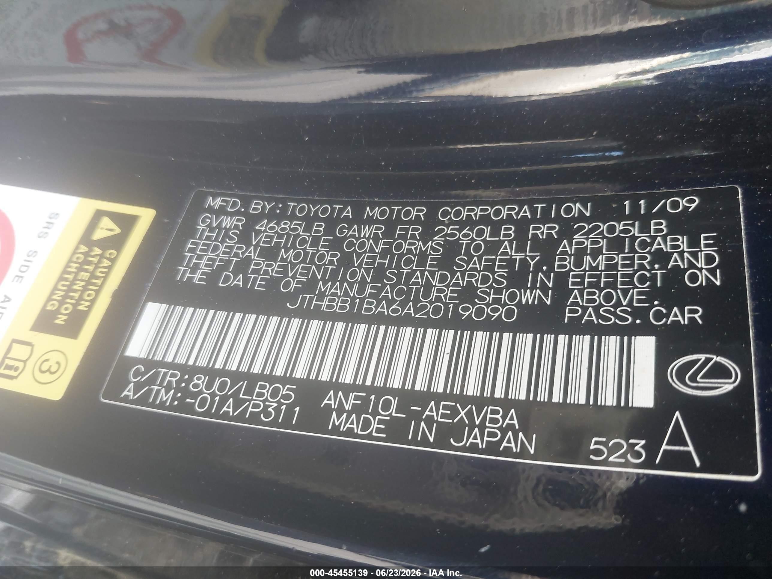 2010 Lexus Hs 250h   Black vin: JTHBB1BA6A2019090
