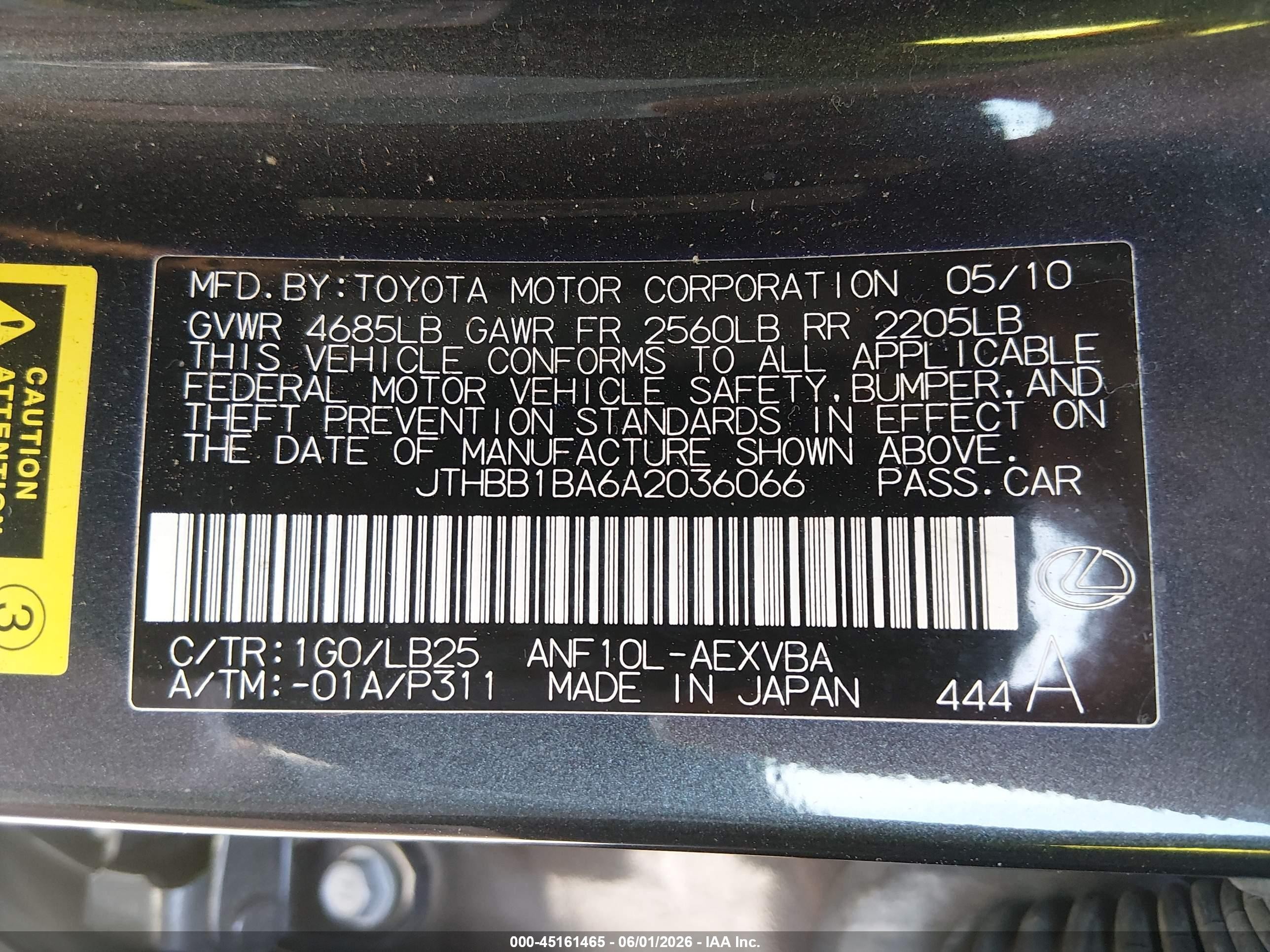 2010 Lexus Hs 250h   Gray vin: JTHBB1BA6A2036066