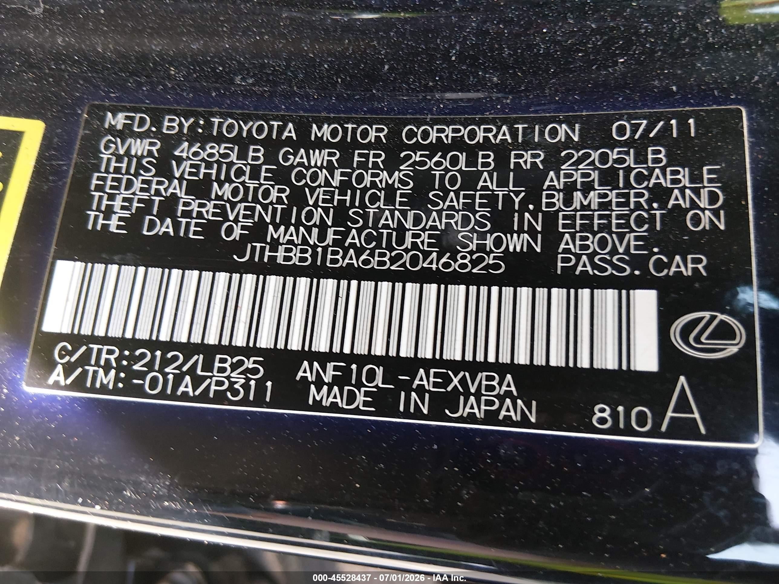 2011 Lexus Hs 250h   Black vin: JTHBB1BA6B2046825