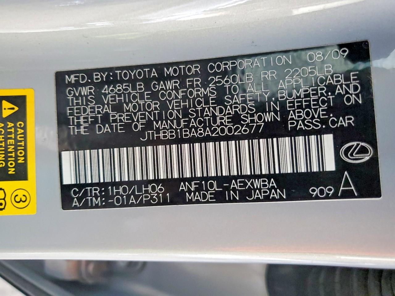 2010 Lexus Hs 250h Silver vin: JTHBB1BA8A2002677
