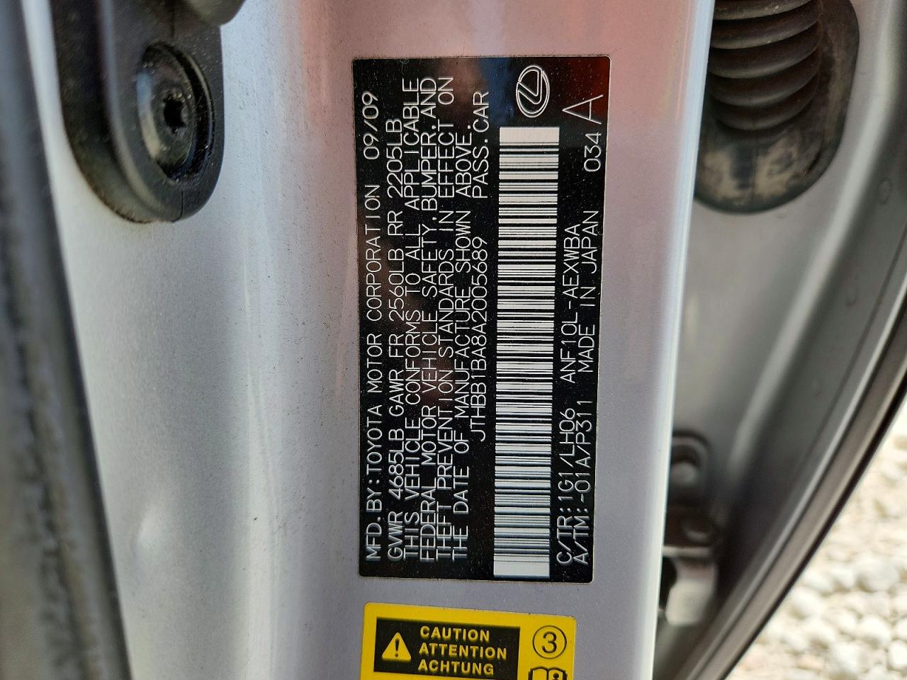 2010 Lexus Hs 250h Silver vin: JTHBB1BA8A2005689
