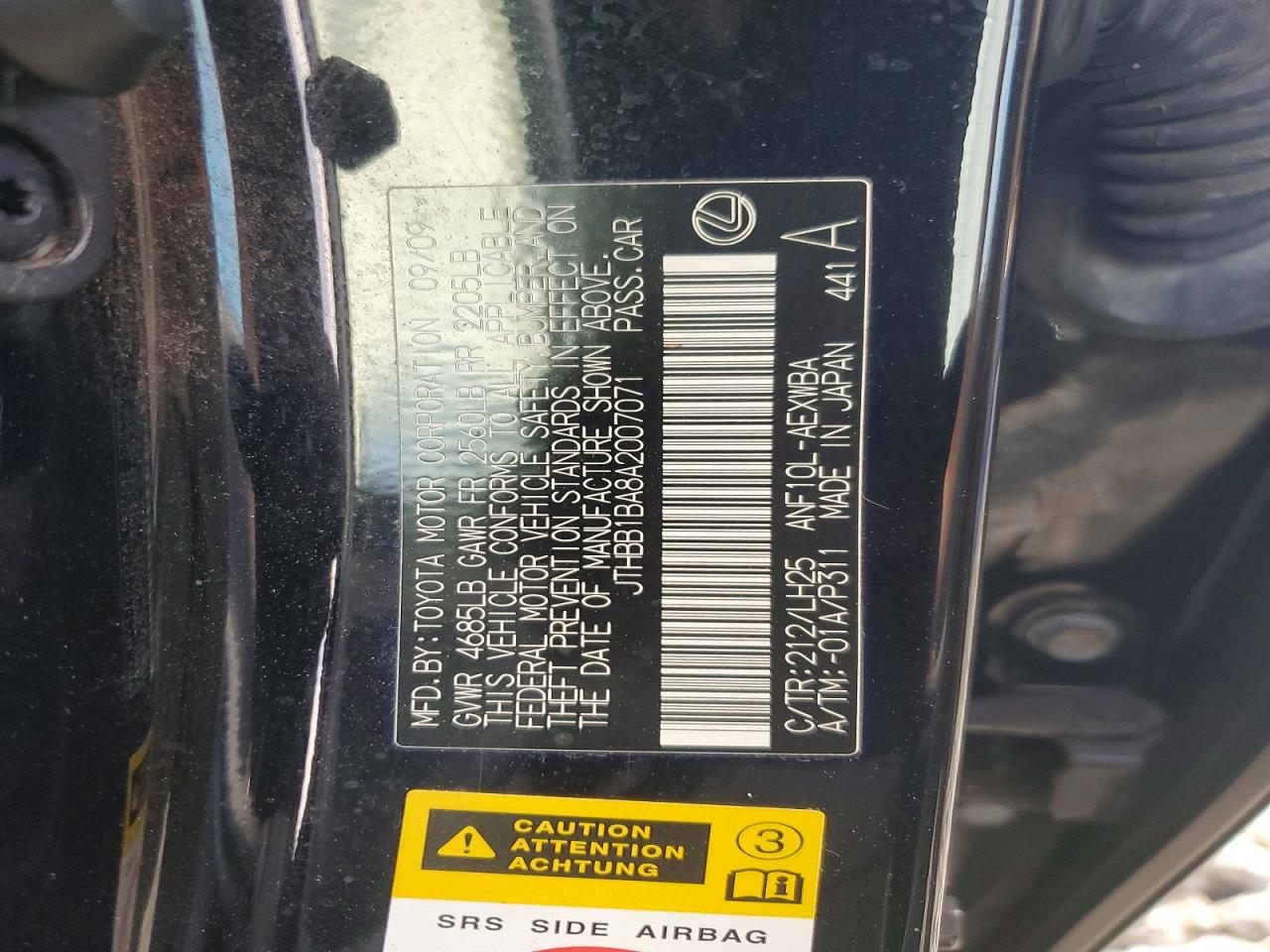 2010 Lexus Hs 250h Black vin: JTHBB1BA8A2007071