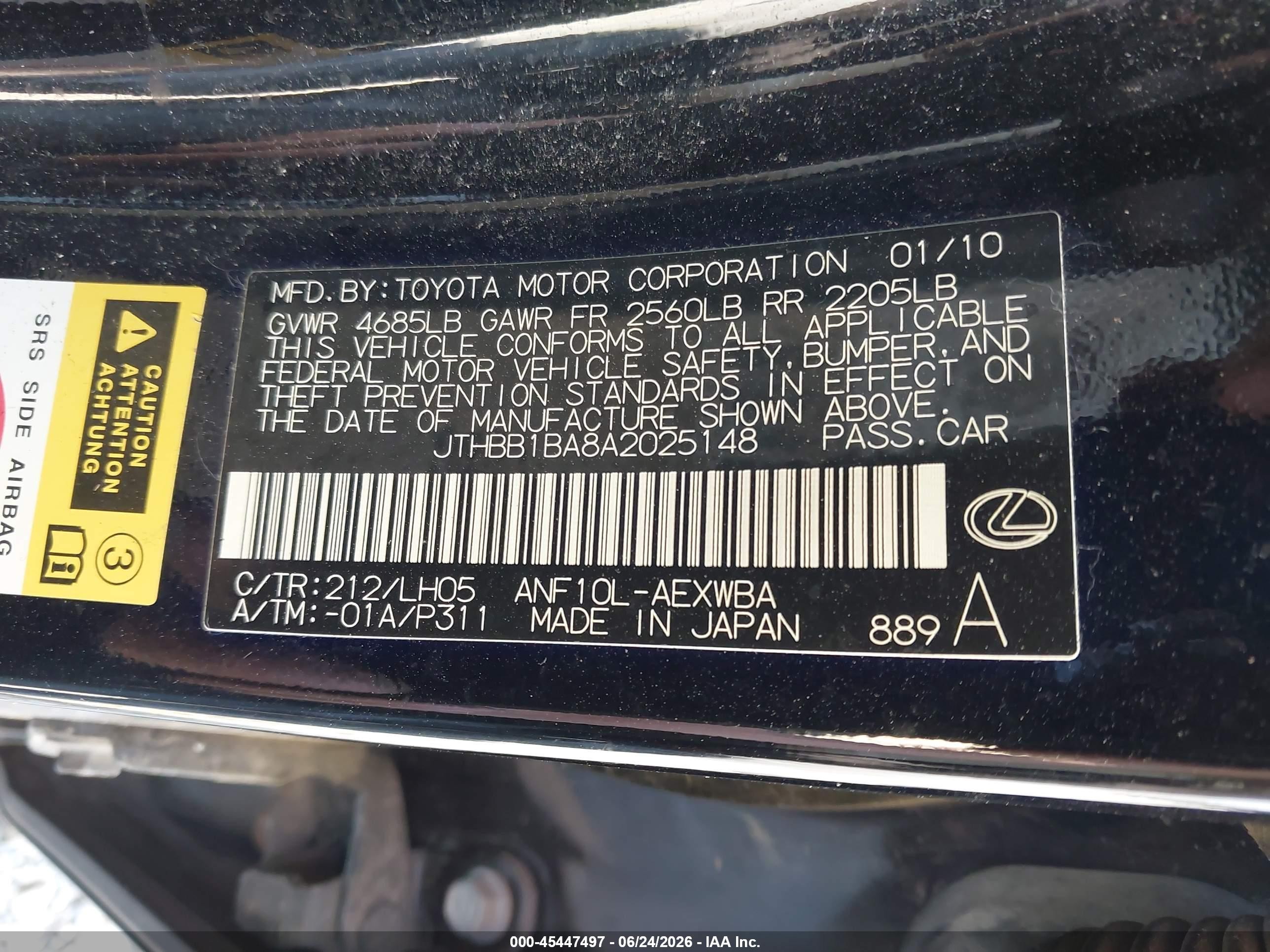 2010 Lexus Hs 250h Premium Black vin: JTHBB1BA8A2025148
