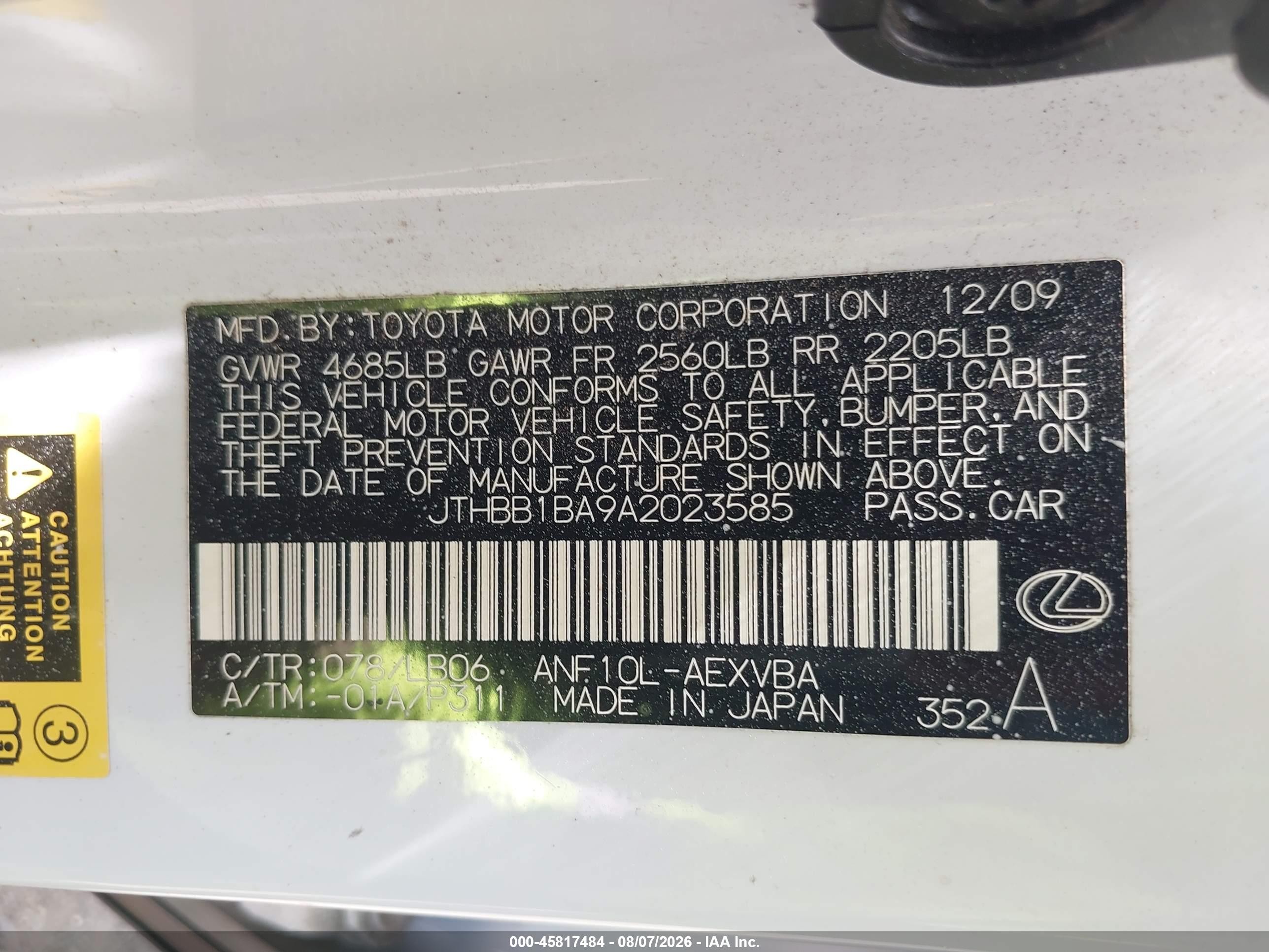 2010 Lexus Hs 250h White vin: JTHBB1BA9A2023585
