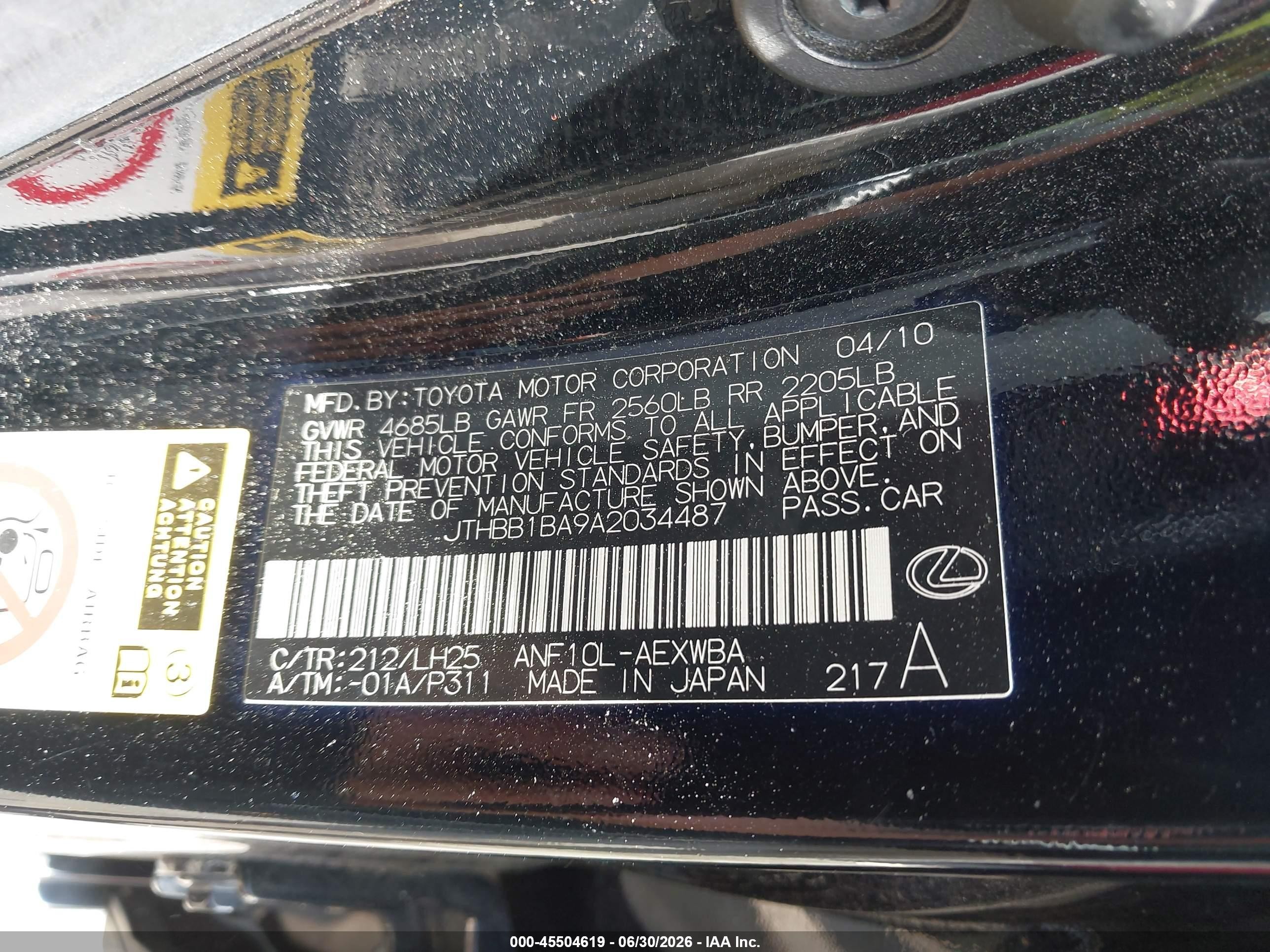 2010 Lexus Hs 250h Premium Black vin: JTHBB1BA9A2034487