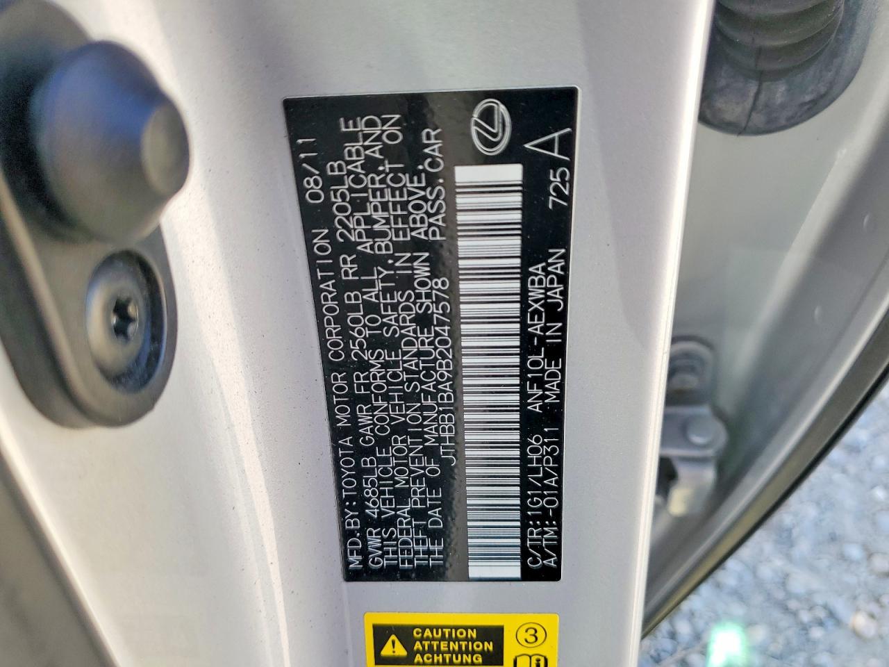 2011 Lexus Hs 250h Base Silver vin: JTHBB1BA9B2047578