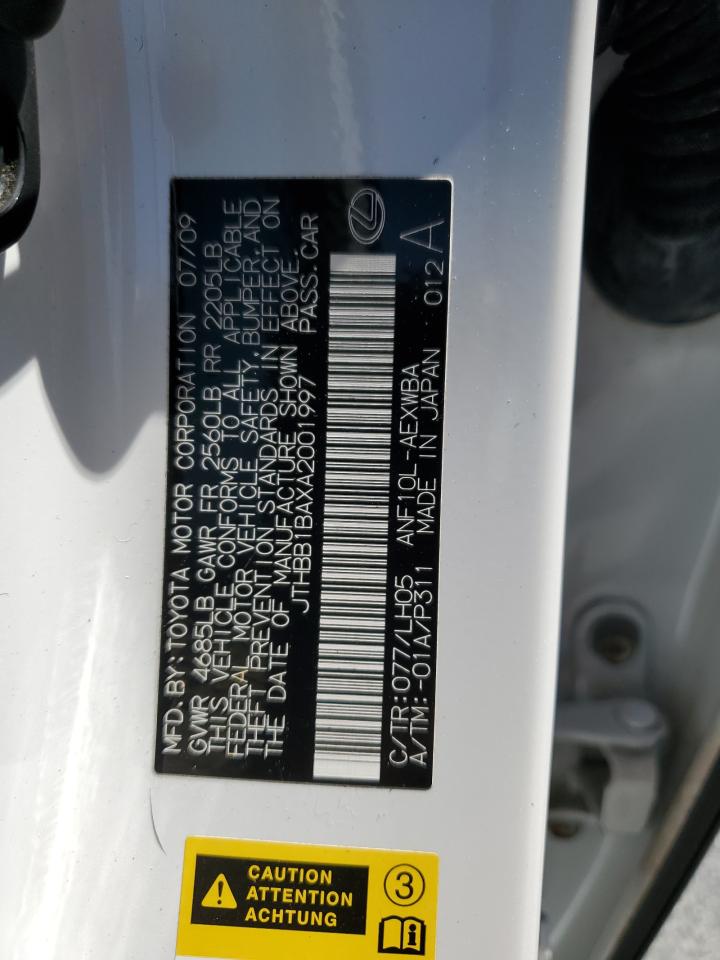 2010 Lexus Hs 250h White vin: JTHBB1BAXA2001997