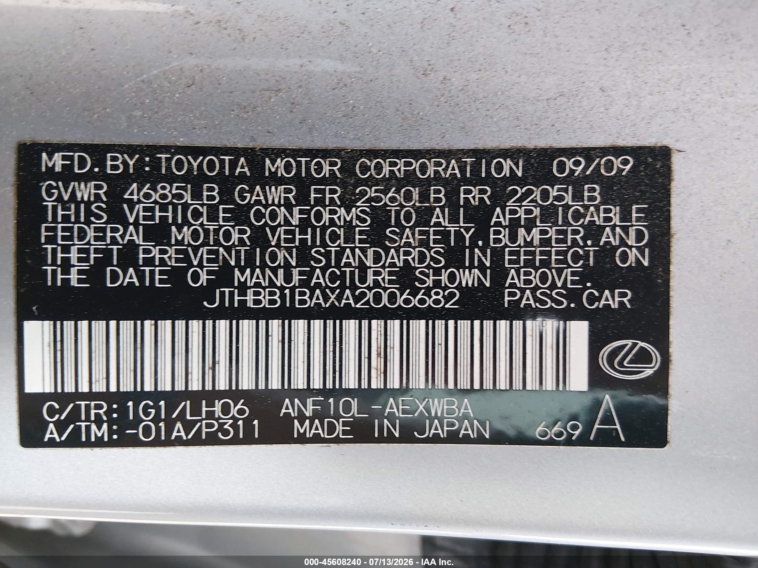 2010 Lexus Hs 250h Premium Silver vin: JTHBB1BAXA2006682
