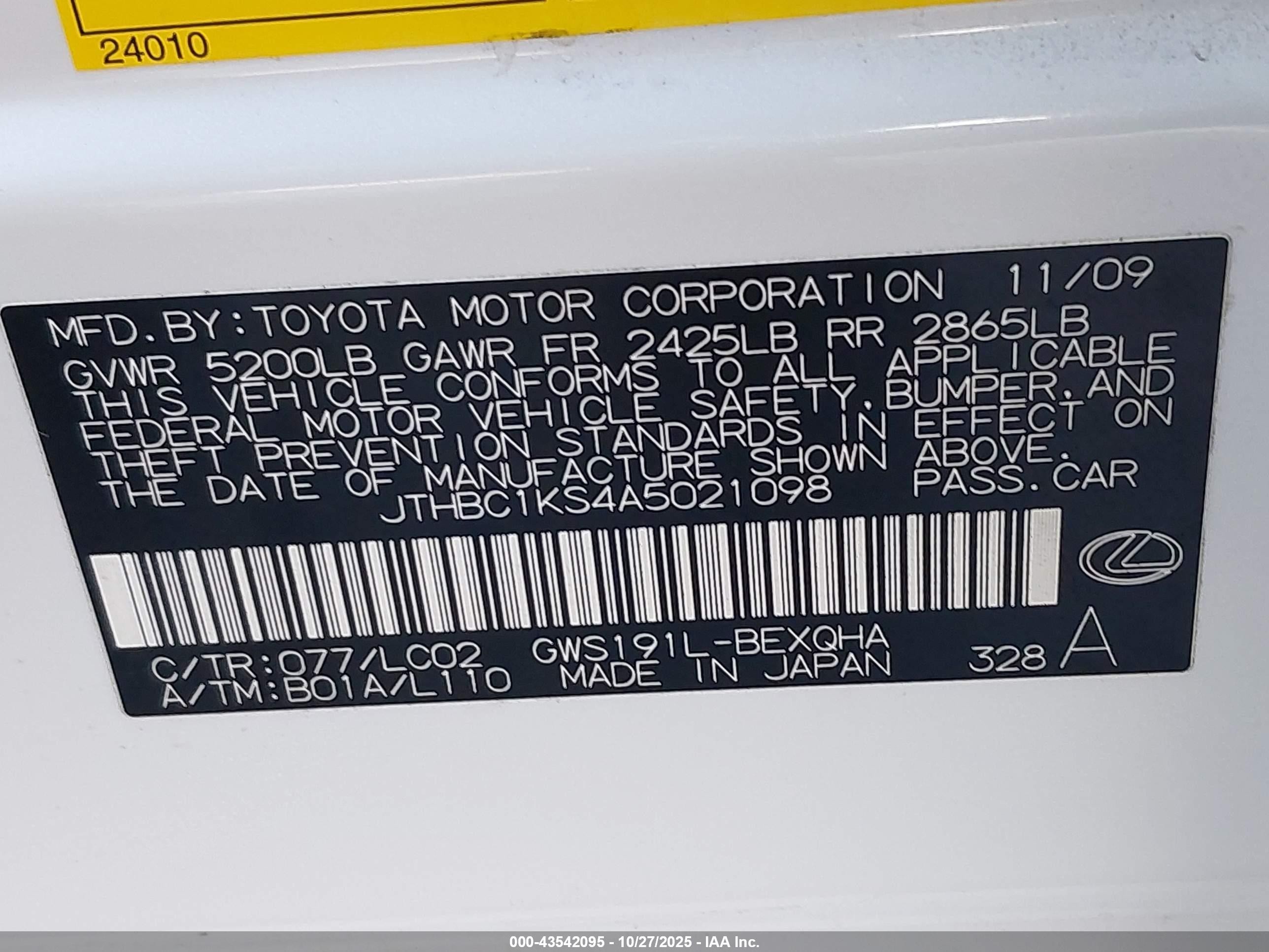 2010 Lexus Gs 450h   White vin: JTHBC1KS4A5021098