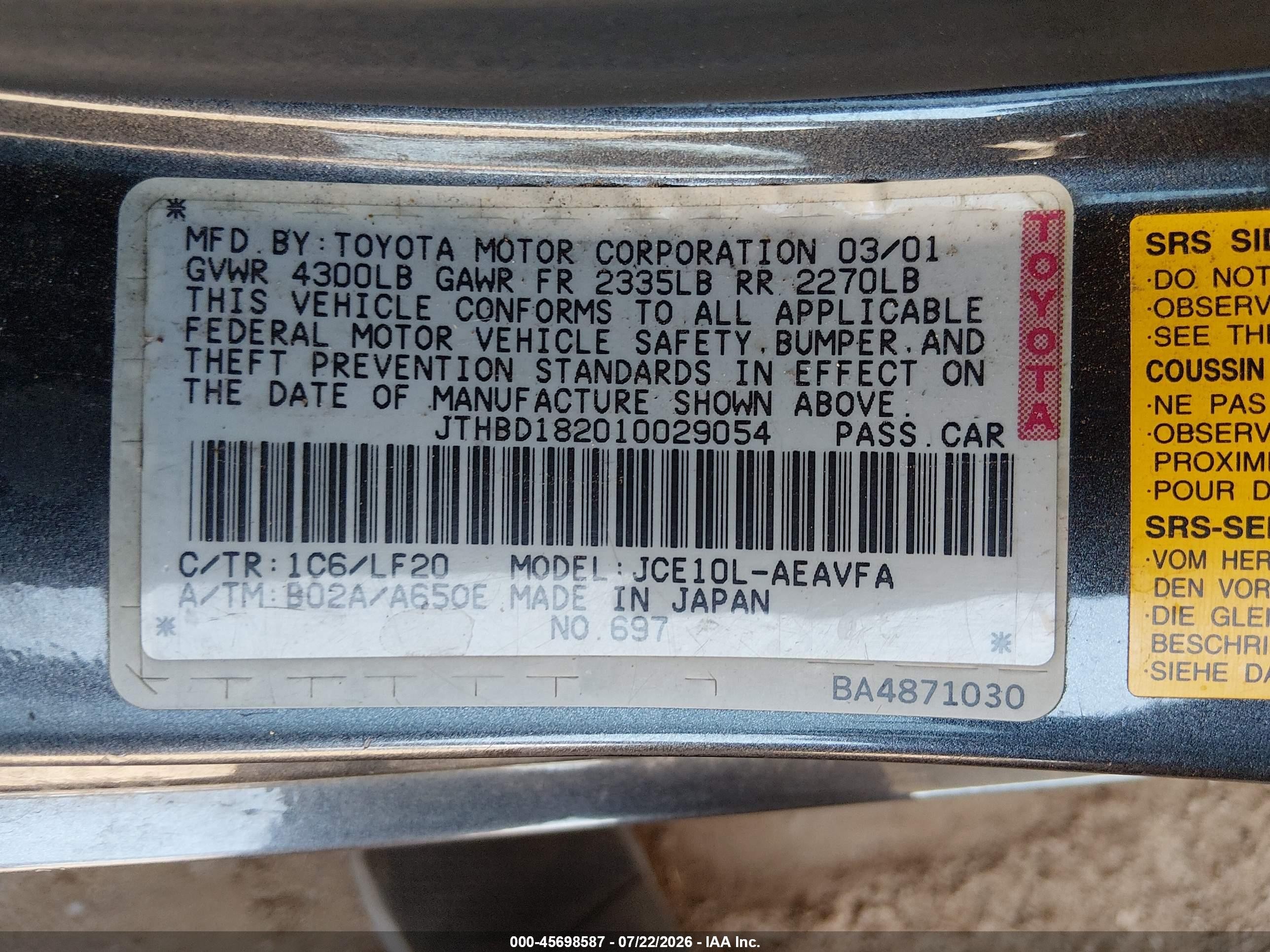 2001 Lexus Is 300   Gray vin: JTHBD182010029054