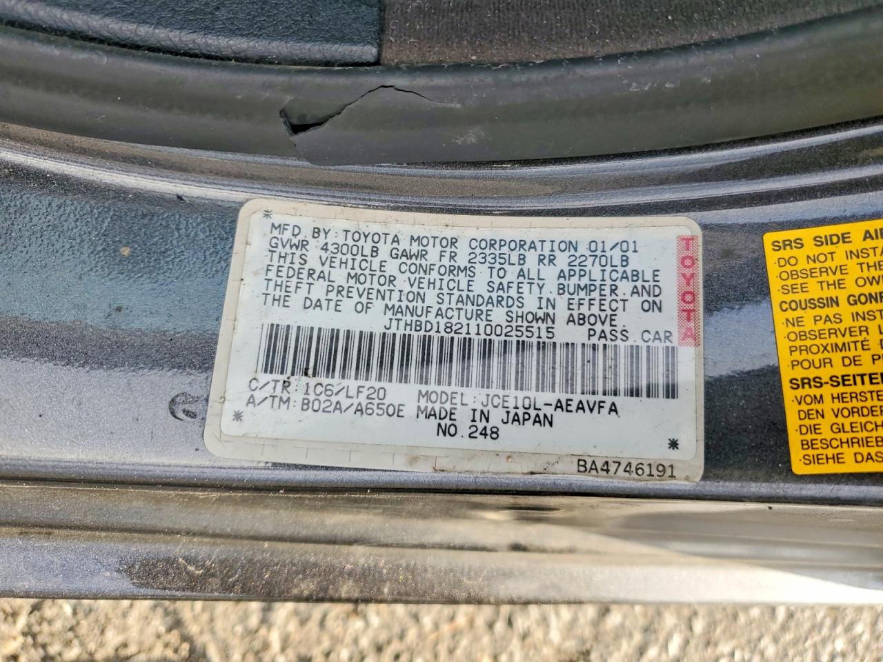 2001 Lexus Is 300 Gray vin: JTHBD182110025515