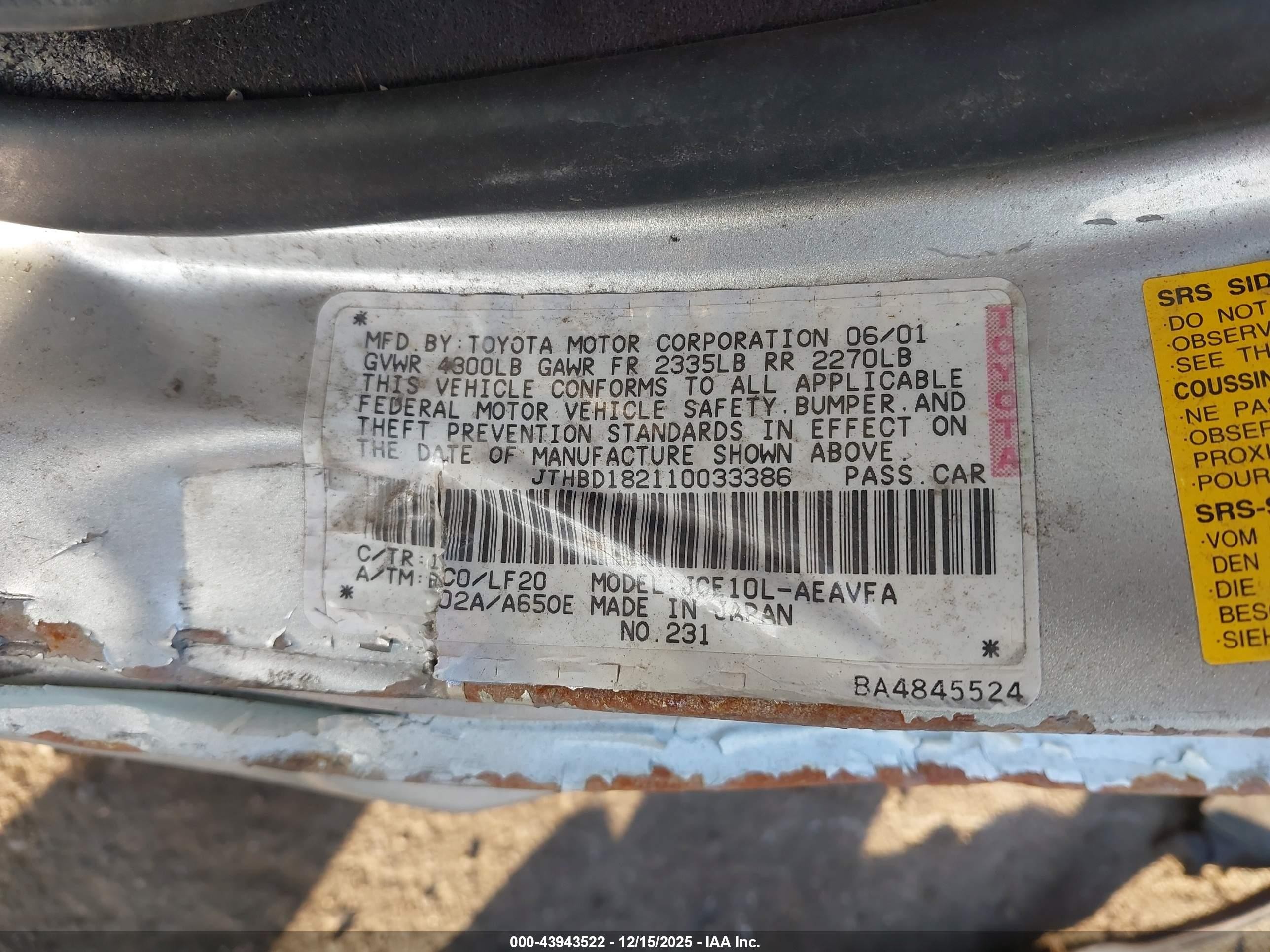 2001 Lexus Is 300   Silver vin: JTHBD182110033386