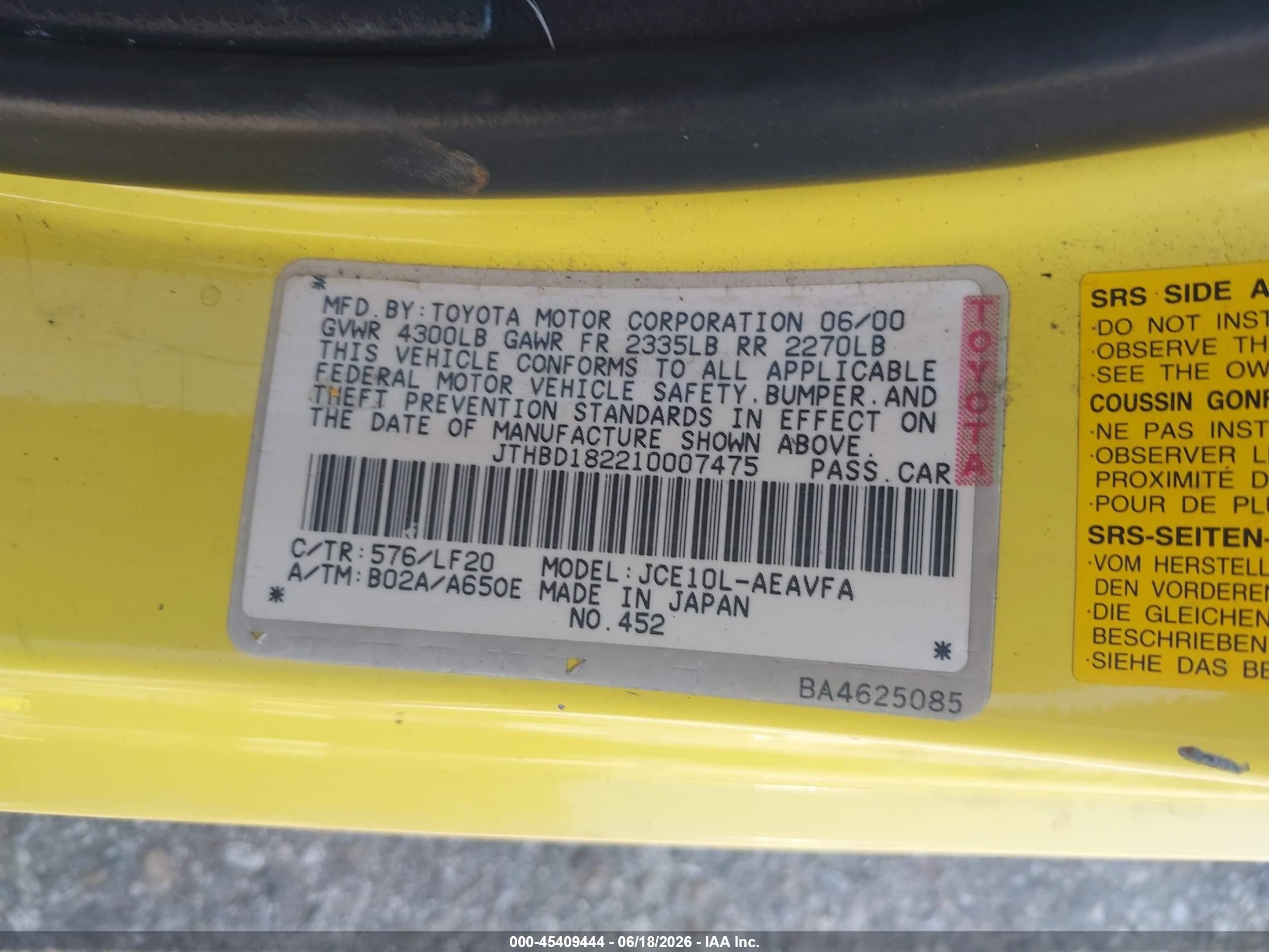 2001 Lexus Is 300   Yellow vin: JTHBD182210007475