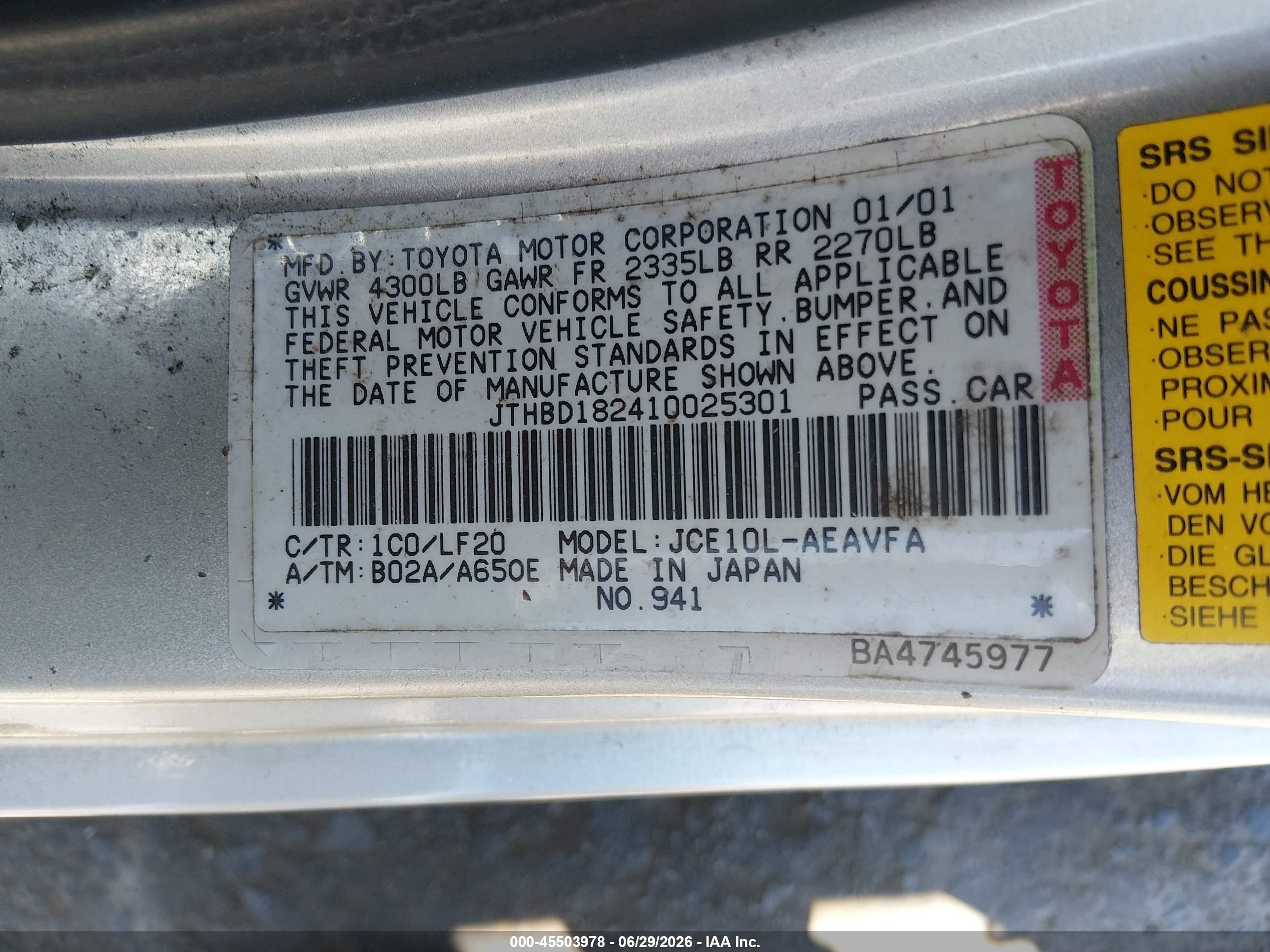 2001 Lexus Is 300   Silver vin: JTHBD182410025301