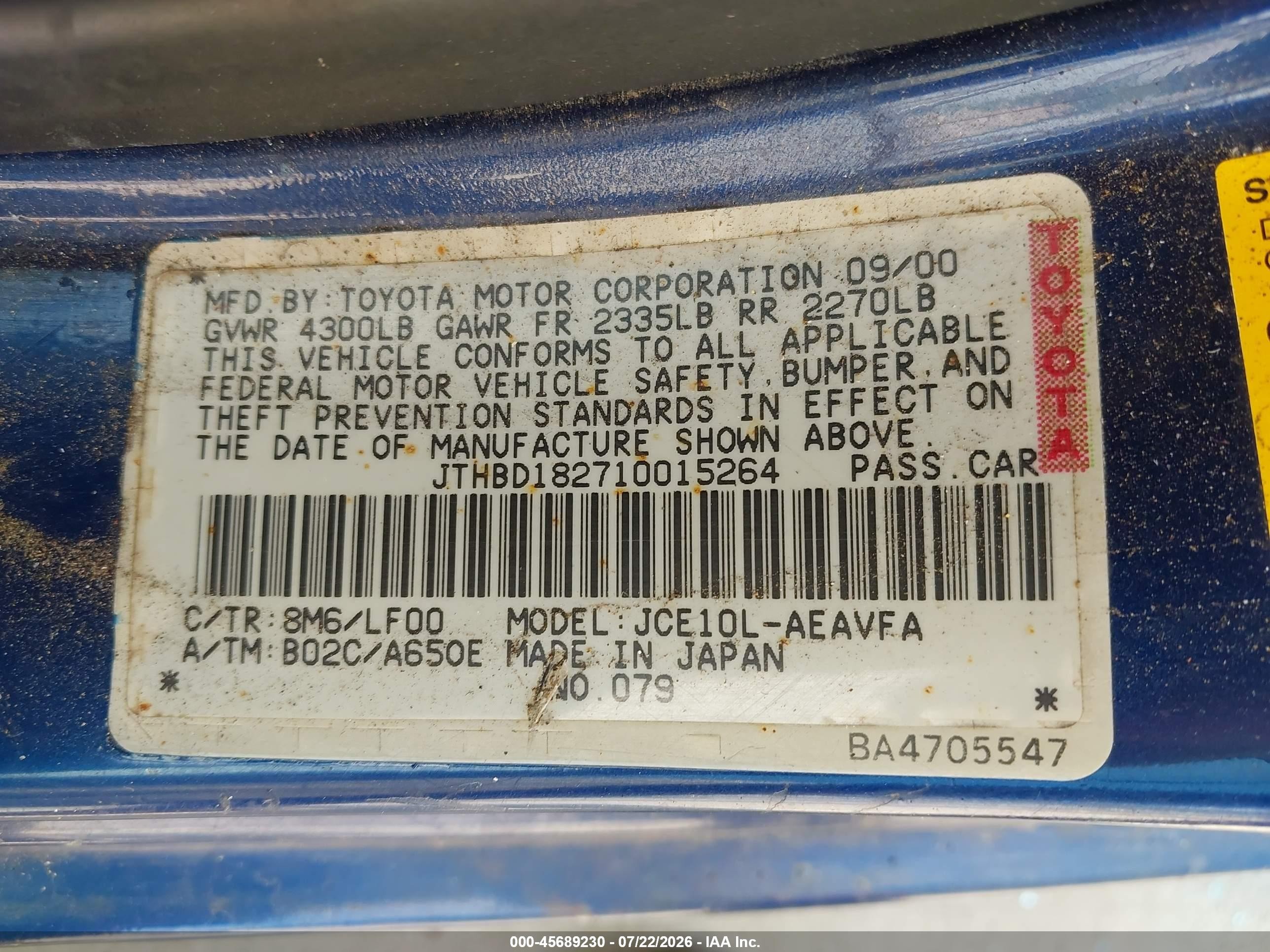 2001 Lexus Is 300 Blue vin: JTHBD182710015264