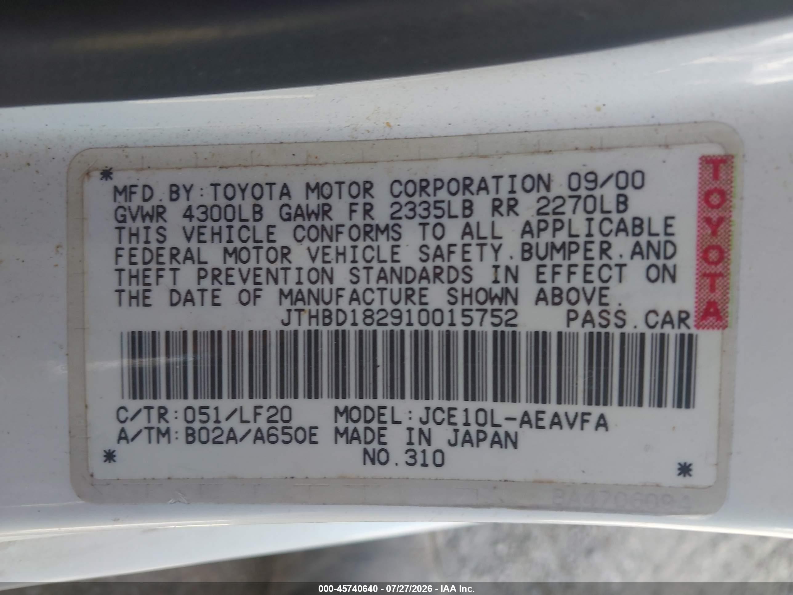 2001 Lexus Is 300   White vin: JTHBD182910015752