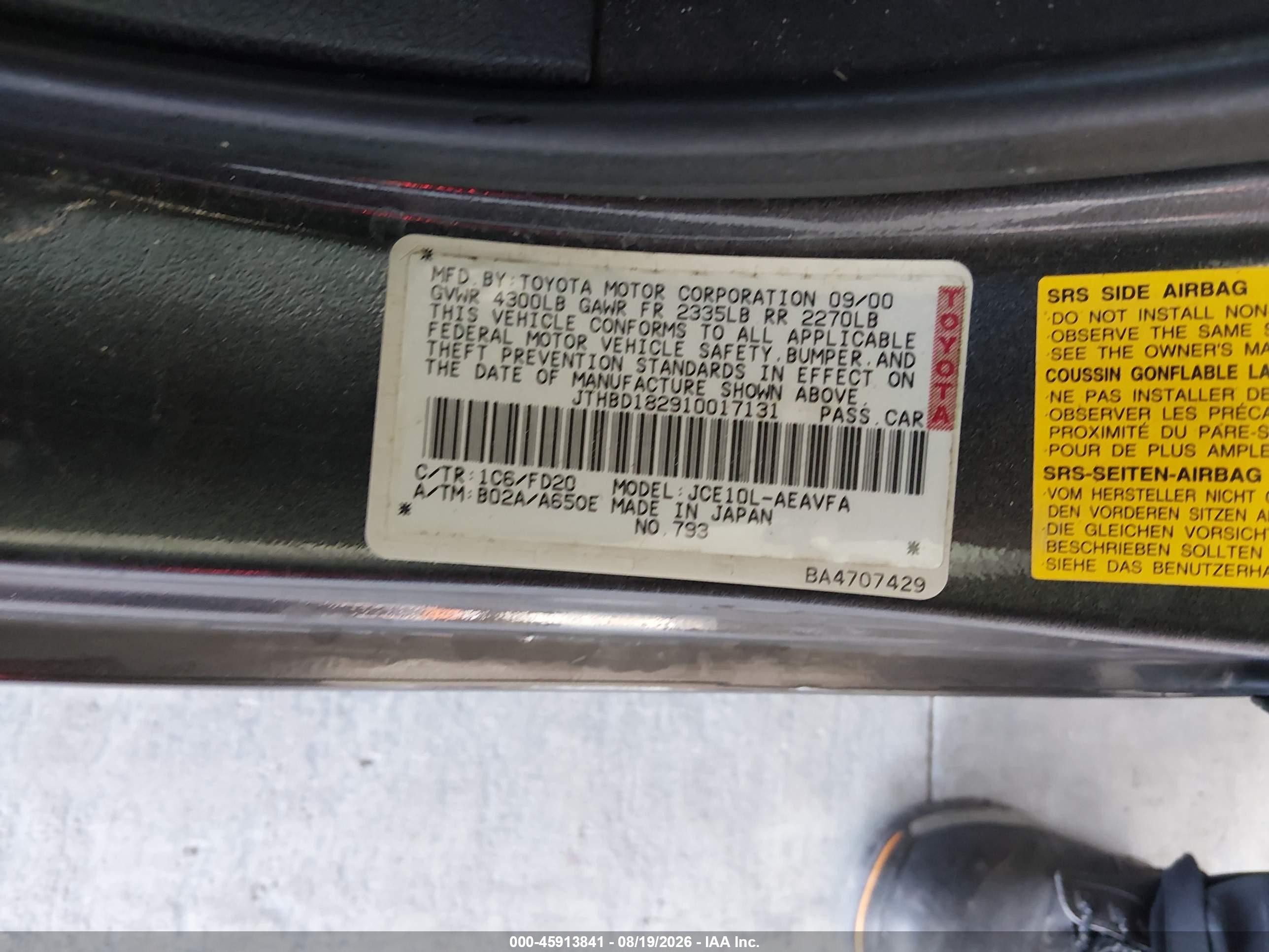 2001 Lexus Is 300 Pewter vin: JTHBD182910017131
