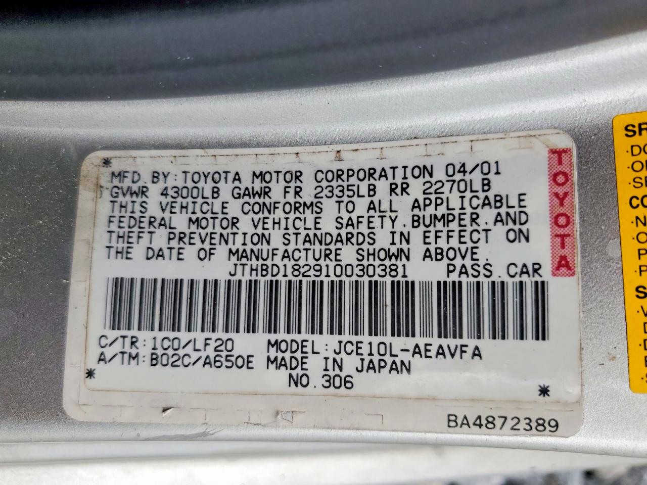 2001 Lexus Is 300 Silver vin: JTHBD182910030381