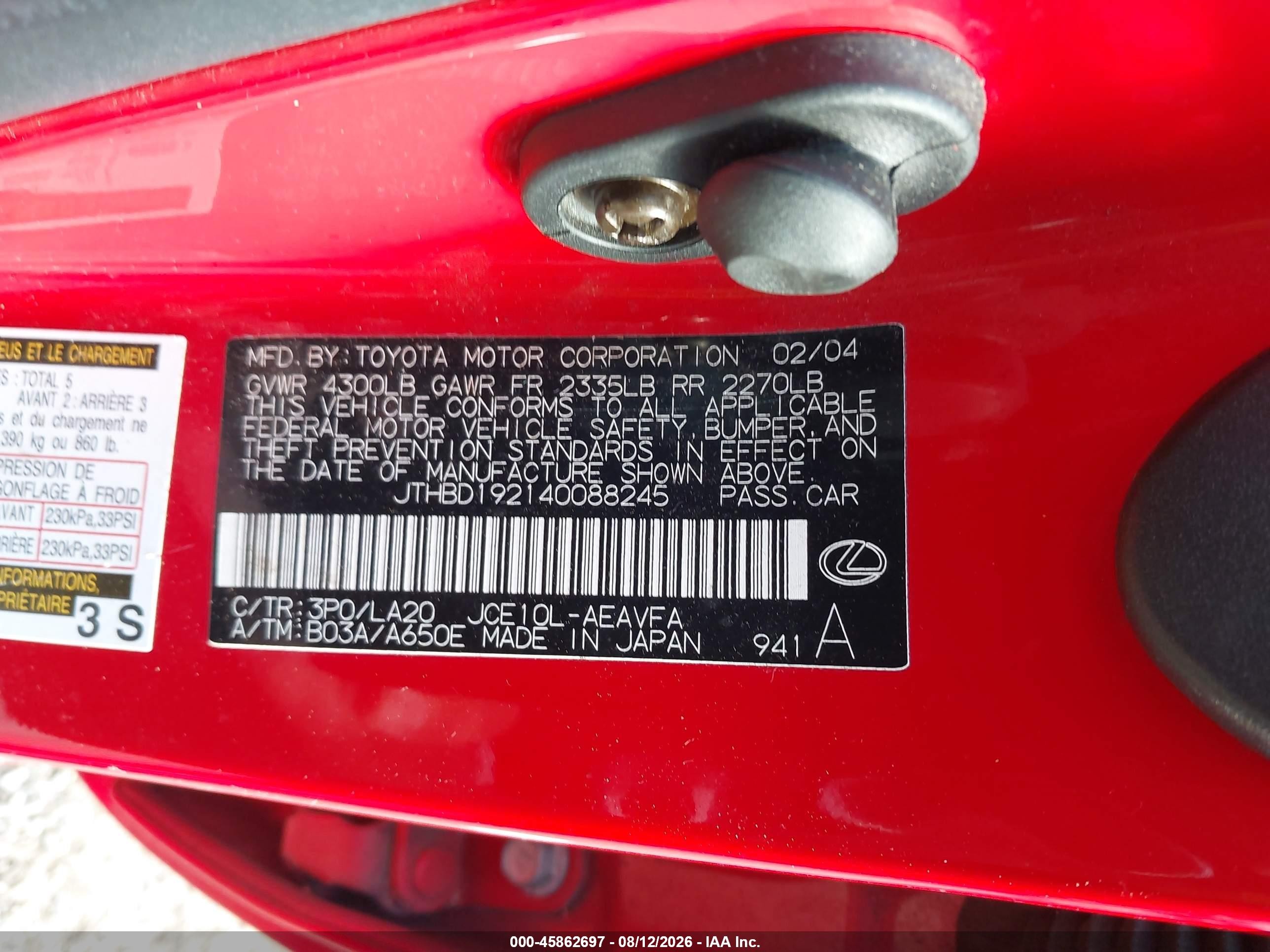 2004 Lexus Is 300 Red vin: JTHBD192140088245