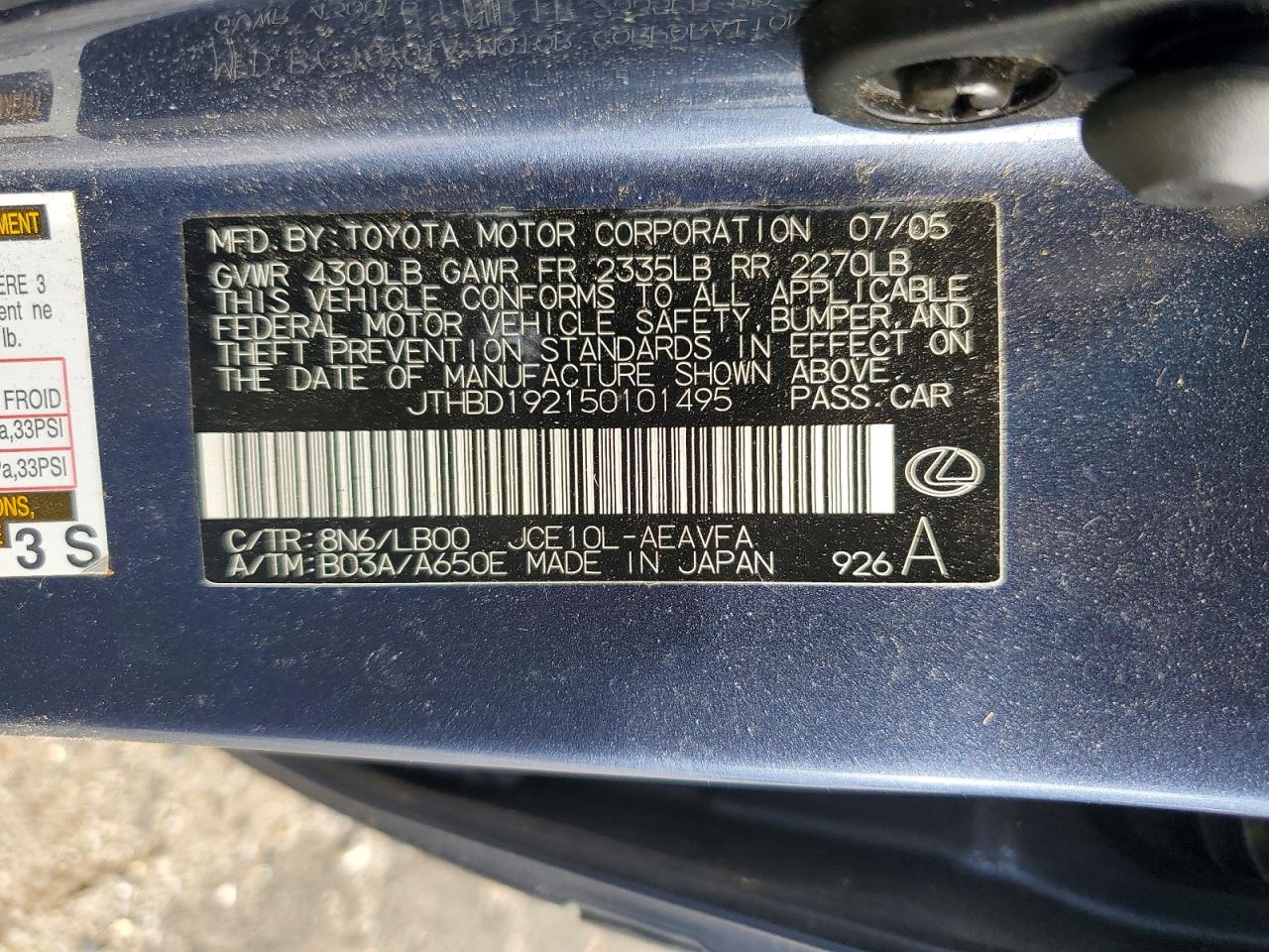 2005 Lexus Is 300 Blue vin: JTHBD192150101495