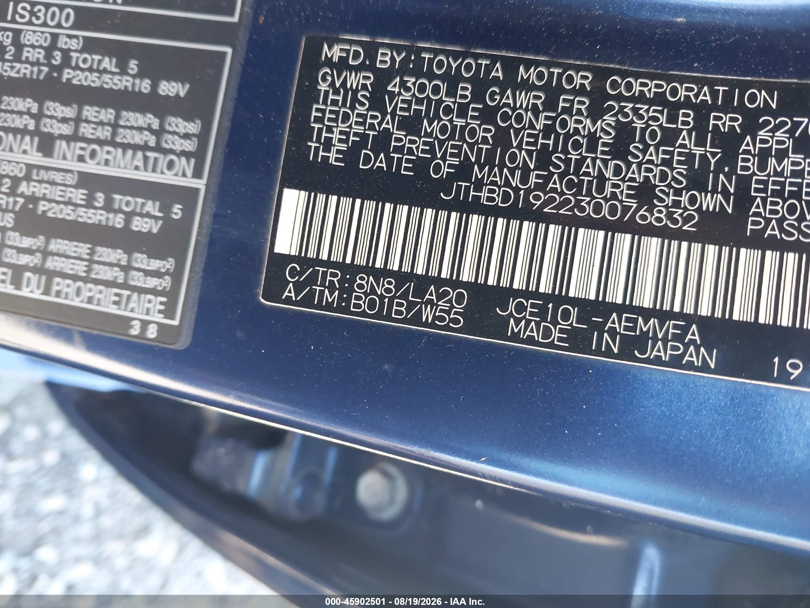 2003 Lexus Is 300 Base W/5-speed Manual Blue vin: JTHBD192230076832