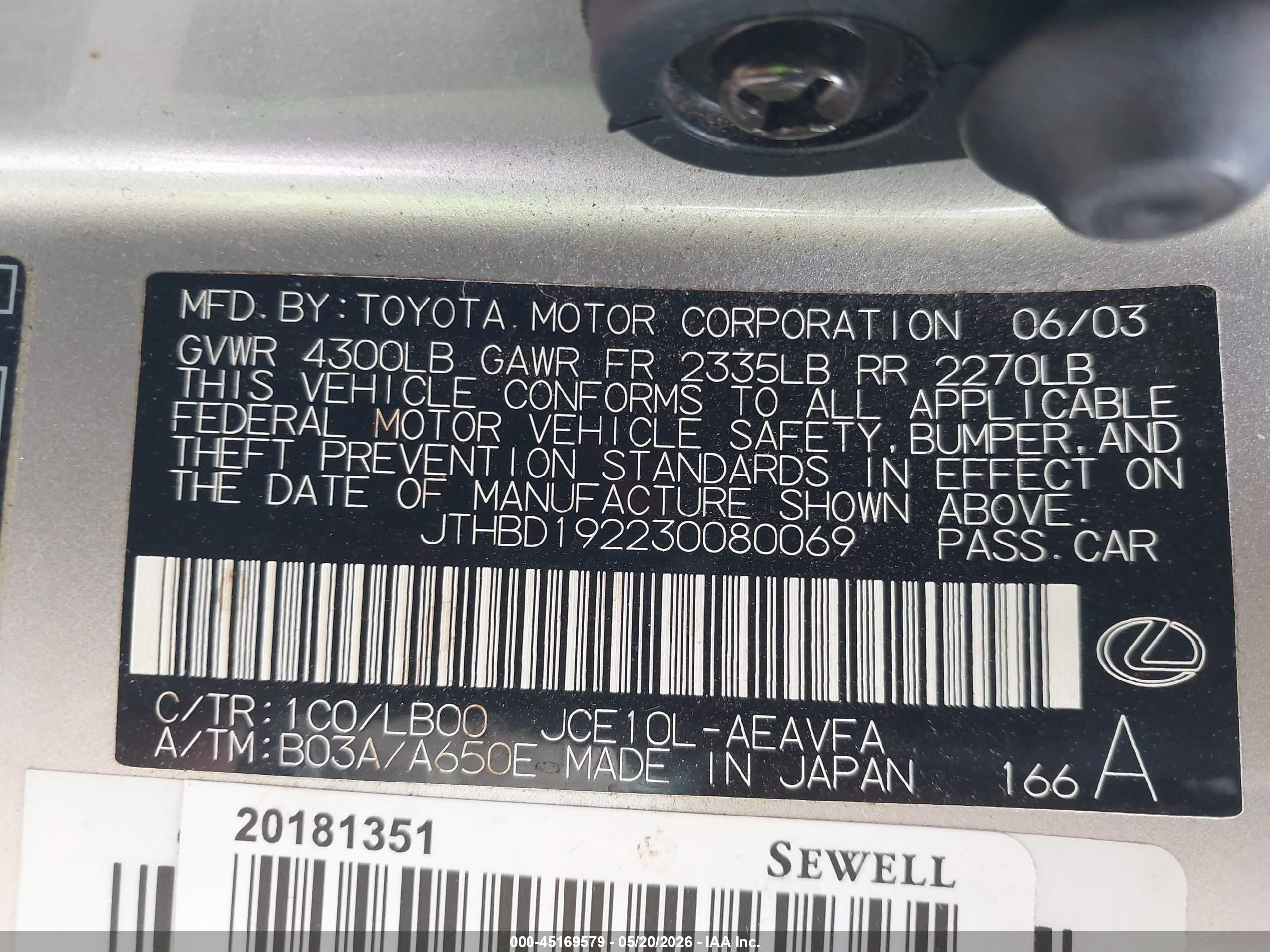 2003 Lexus Is 300   Beige vin: JTHBD192230080069