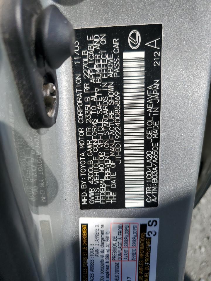 2004 Lexus Is 300 Base Серебряный vin: JTHBD192240085869