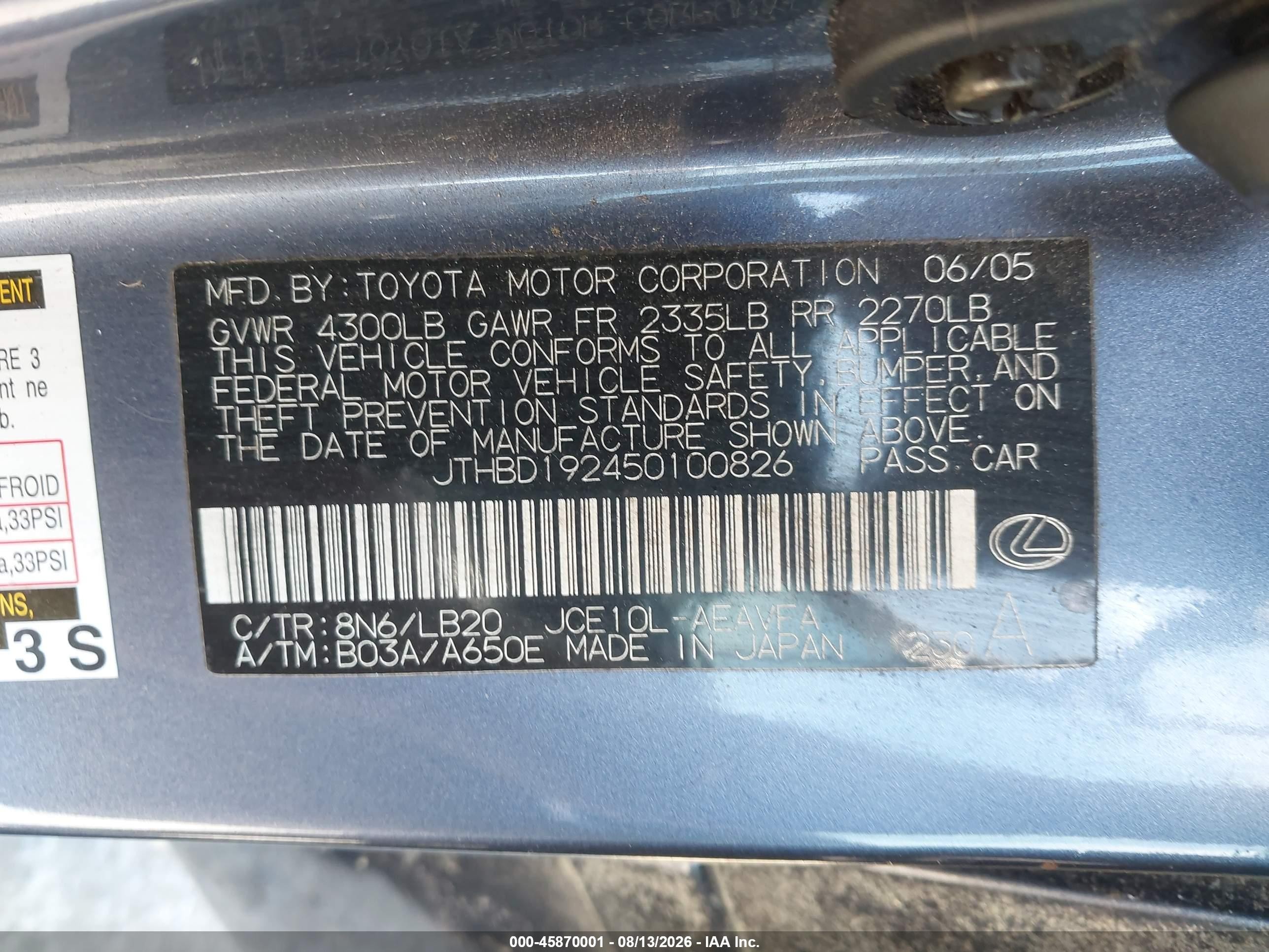 2005 Lexus Is 300   Blue vin: JTHBD192450100826