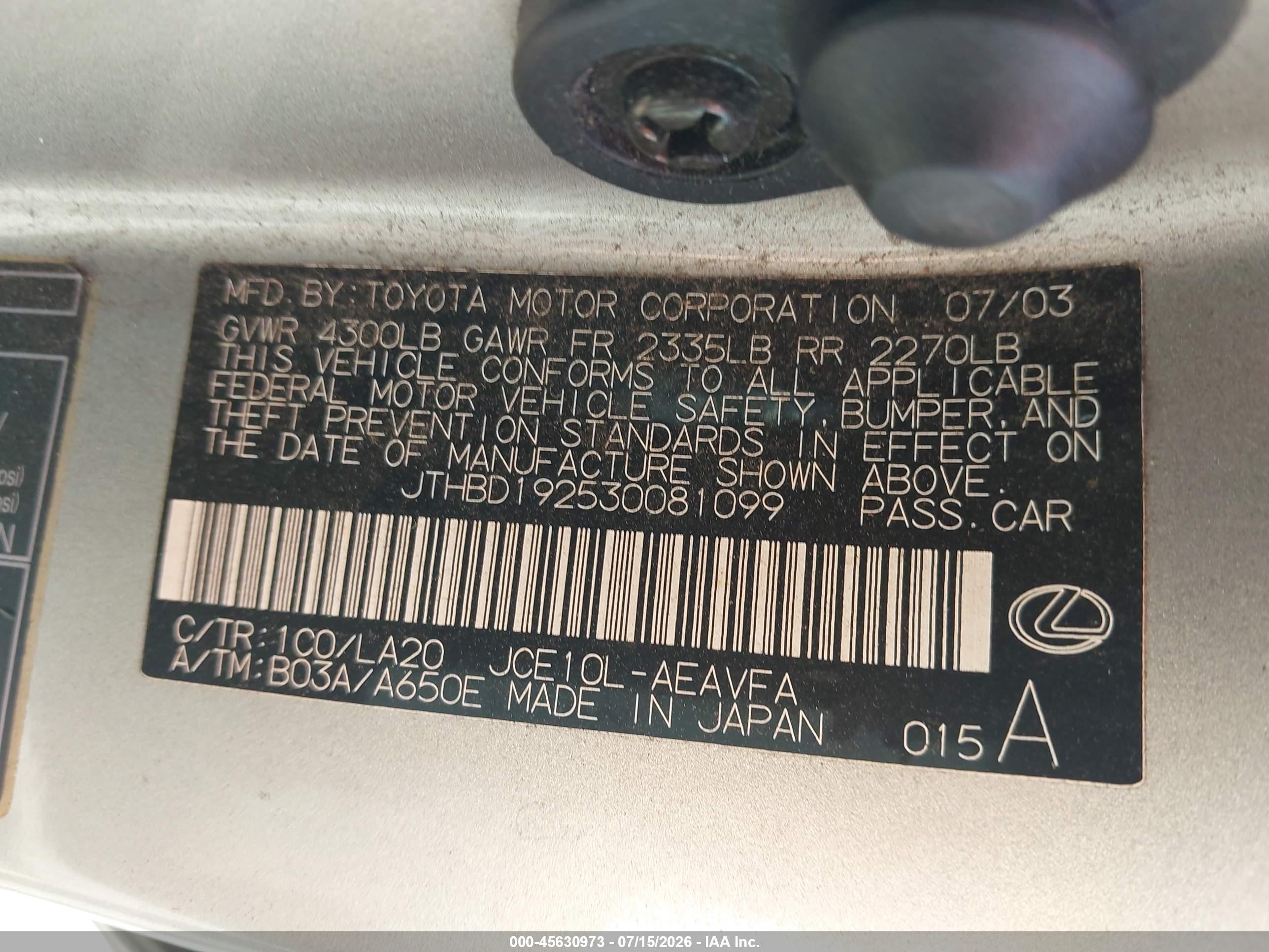 2003 Lexus Is 300   Black vin: JTHBD192530081099