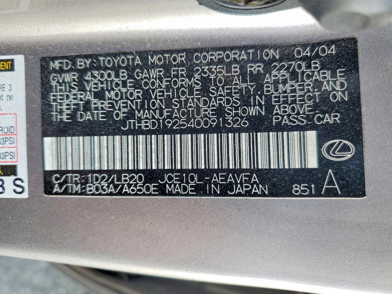 2004 Lexus Is 300 Gray vin: JTHBD192540091326