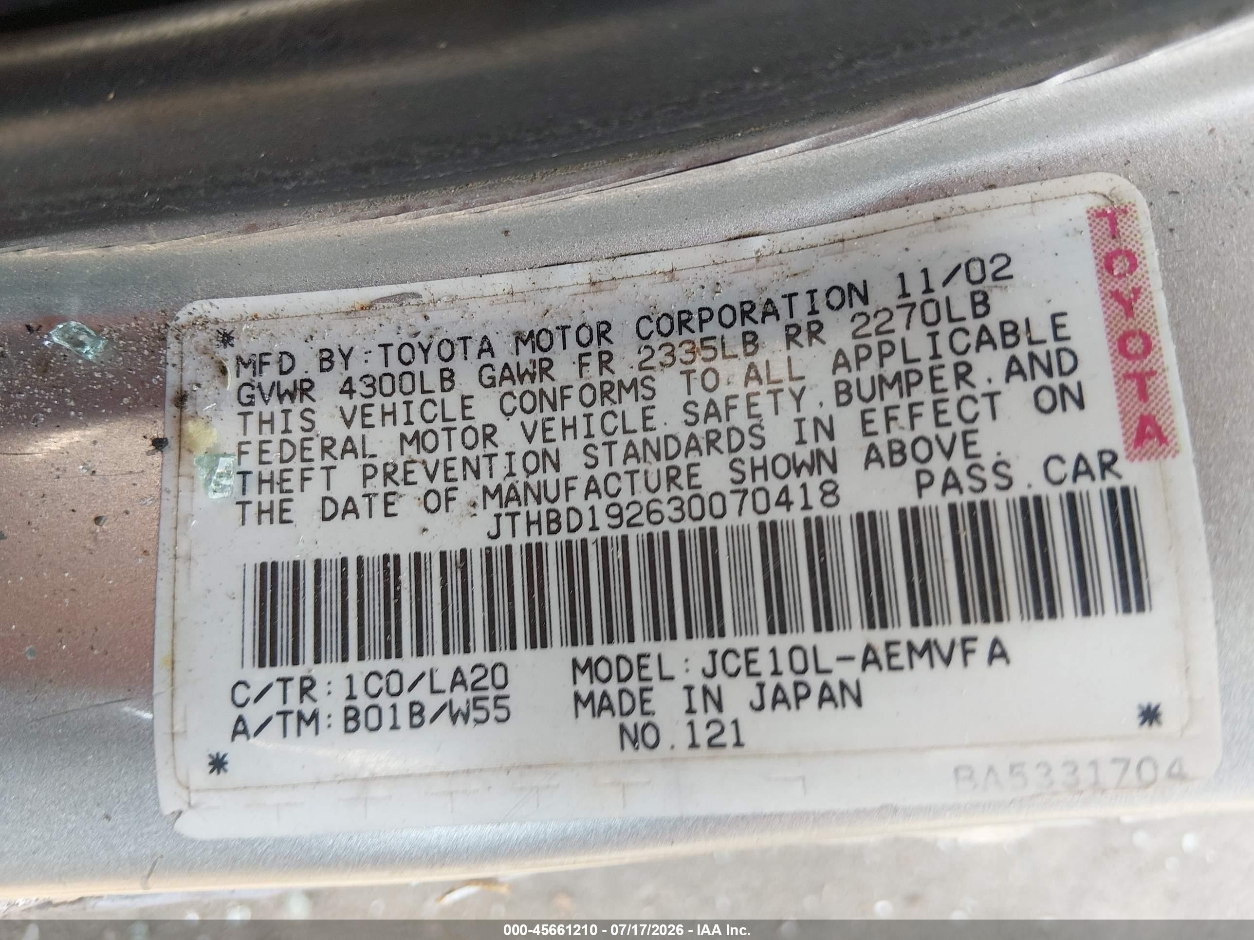 2003 Lexus Is 300 Base W/5-speed Manual Silver vin: JTHBD192630070418