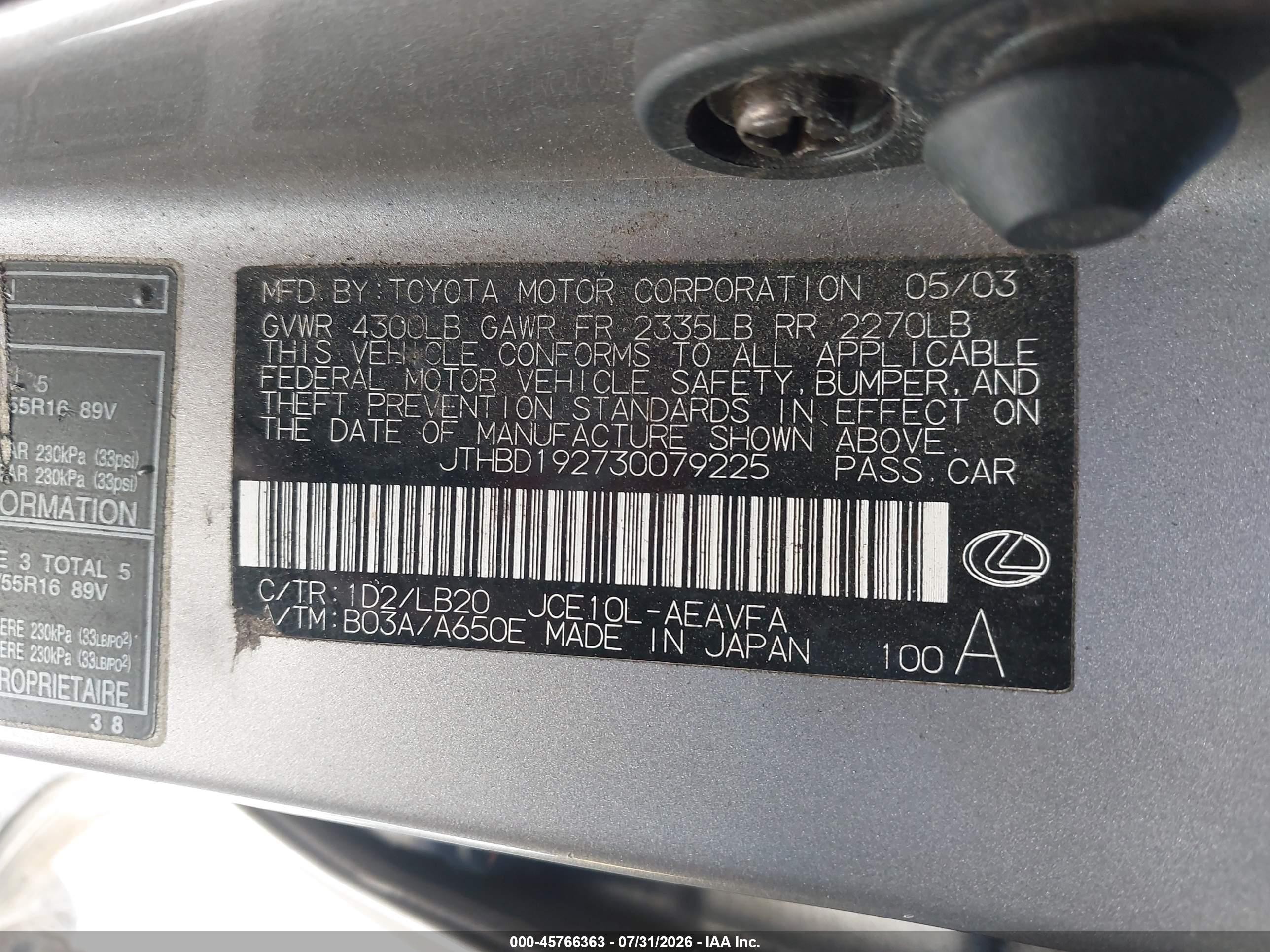 2003 Lexus Is 300   Gray vin: JTHBD192730079225