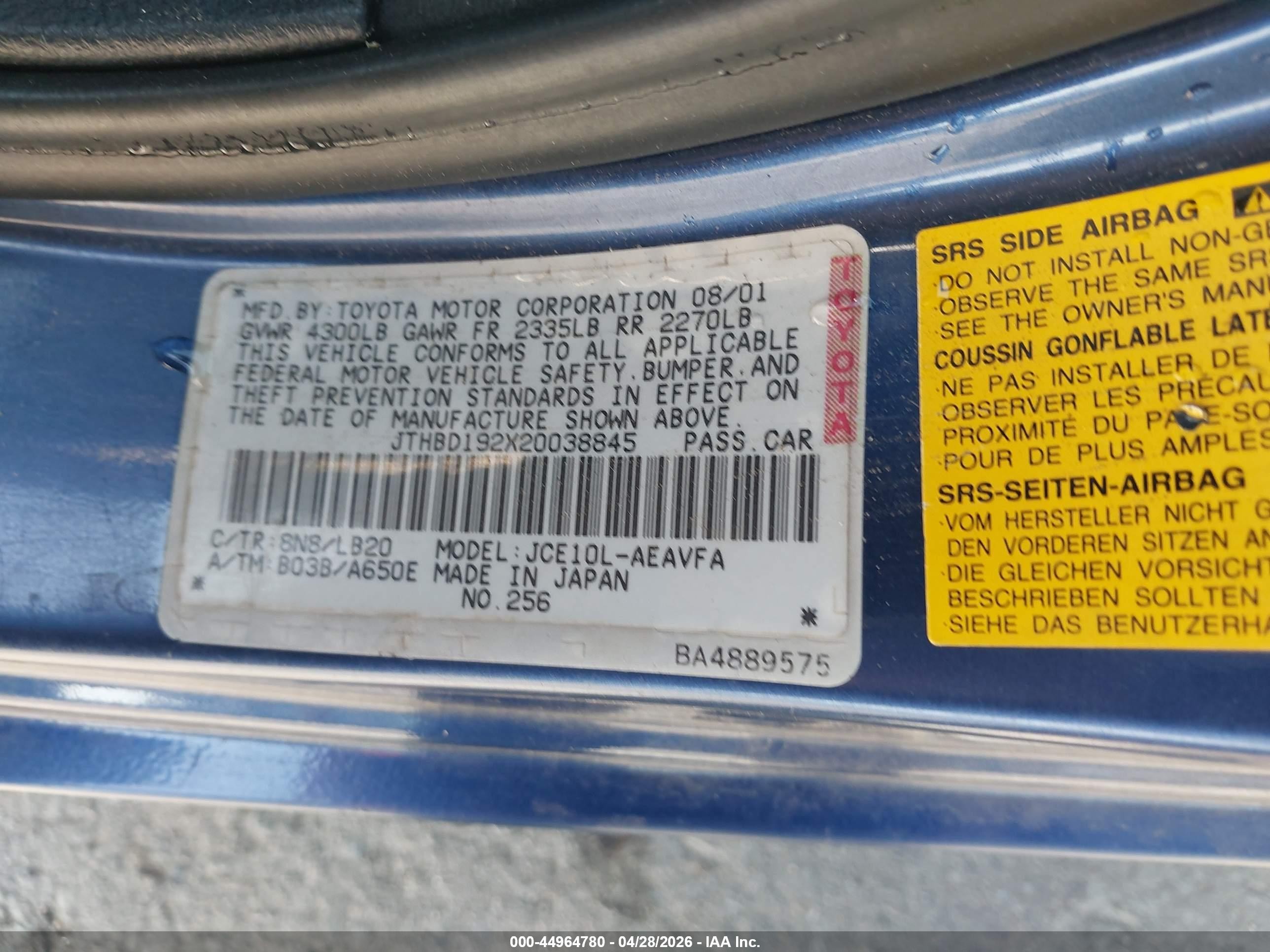 2002 Lexus Is 300   Blue vin: JTHBD192X20038845