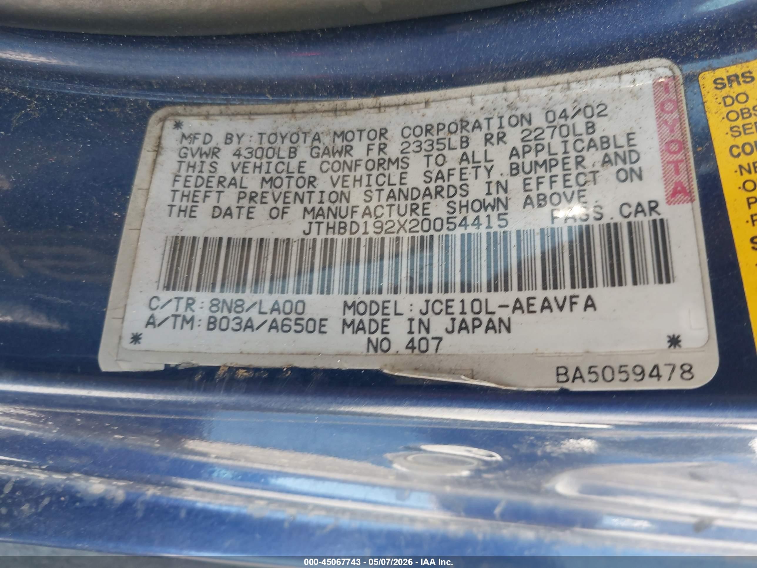 2002 Lexus Is 300   Blue vin: JTHBD192X20054415