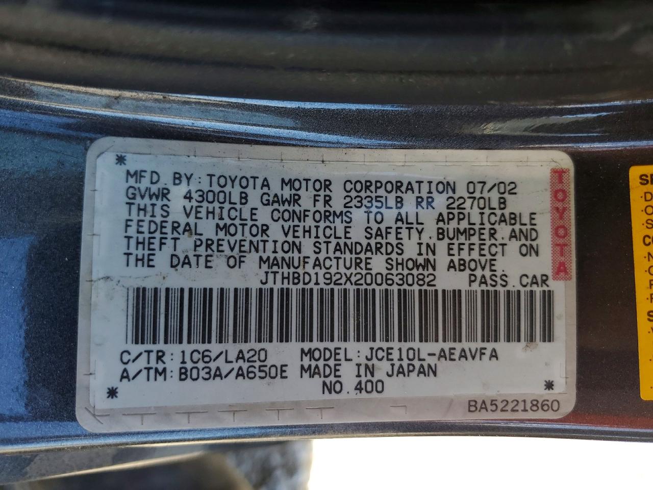 2002 Lexus Is 300 Угольный vin: JTHBD192X20063082