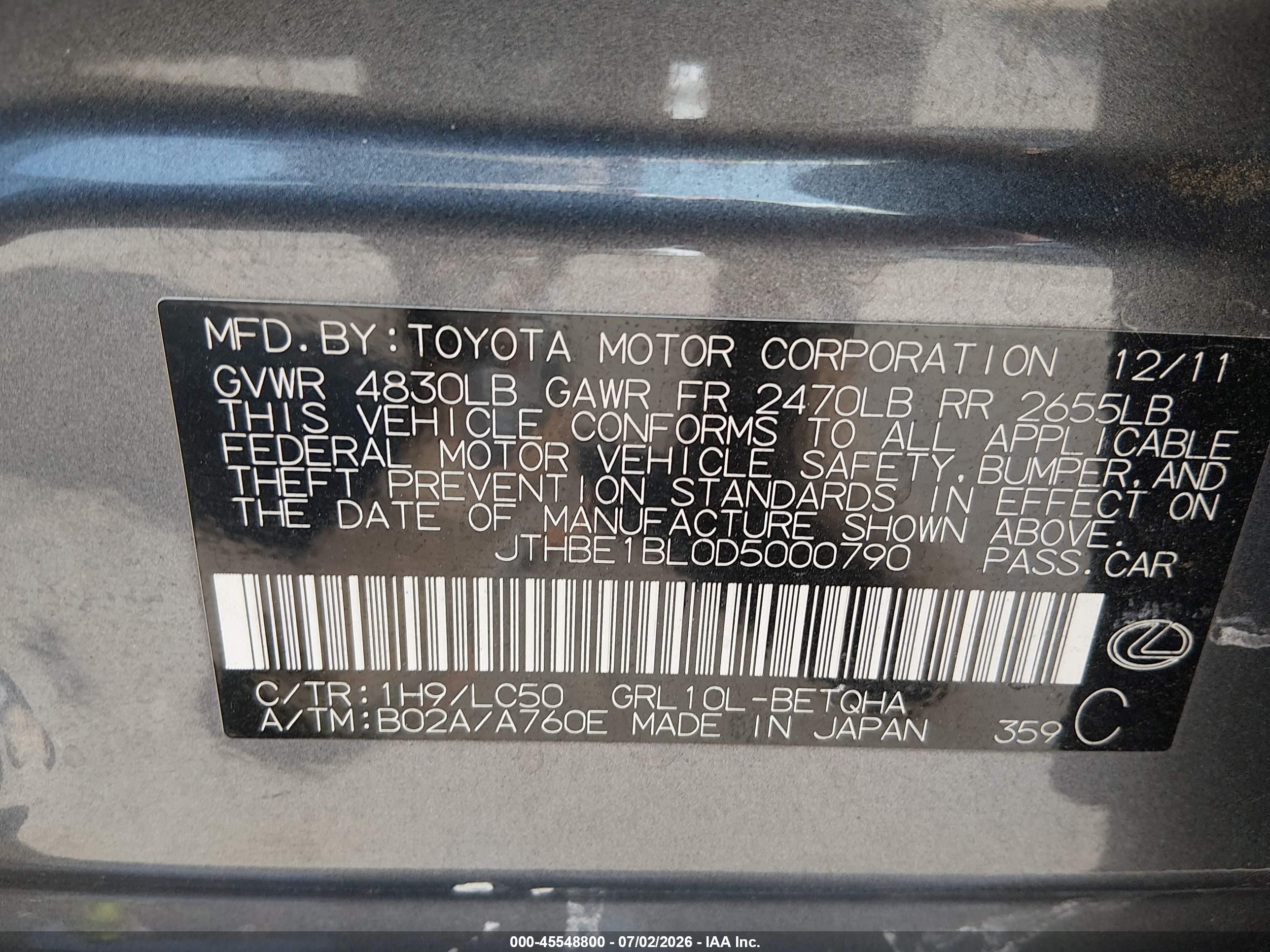 2013 Lexus Gs 350   Gray vin: JTHBE1BL0D5000790