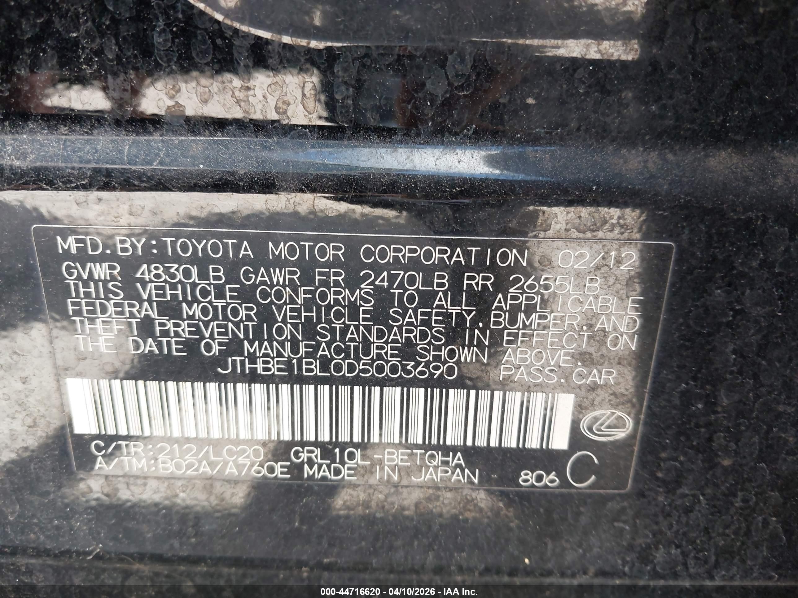 2013 Lexus Gs 350   Black vin: JTHBE1BL0D5003690
