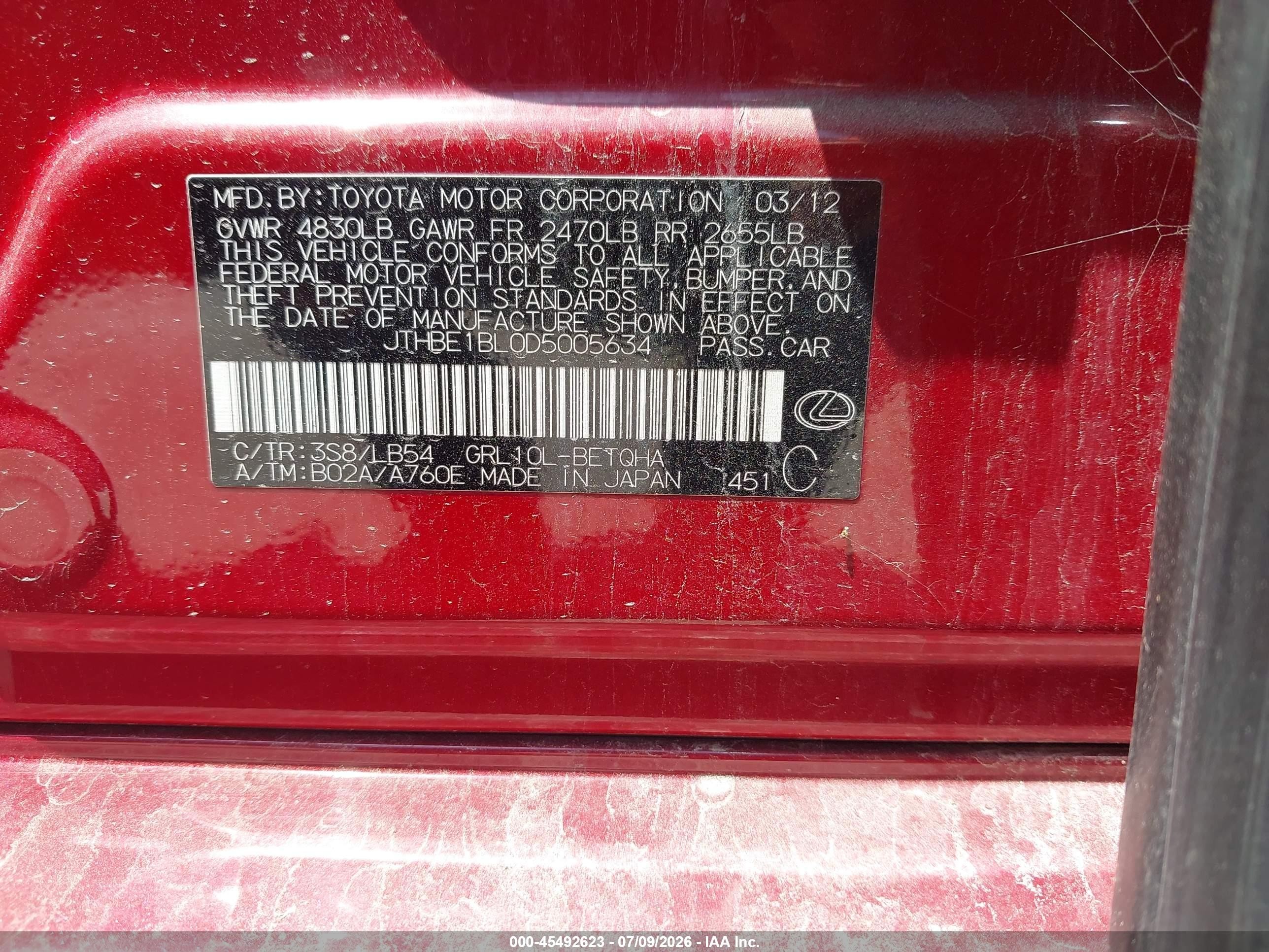 2013 Lexus Gs 350   Red vin: JTHBE1BL0D5005634